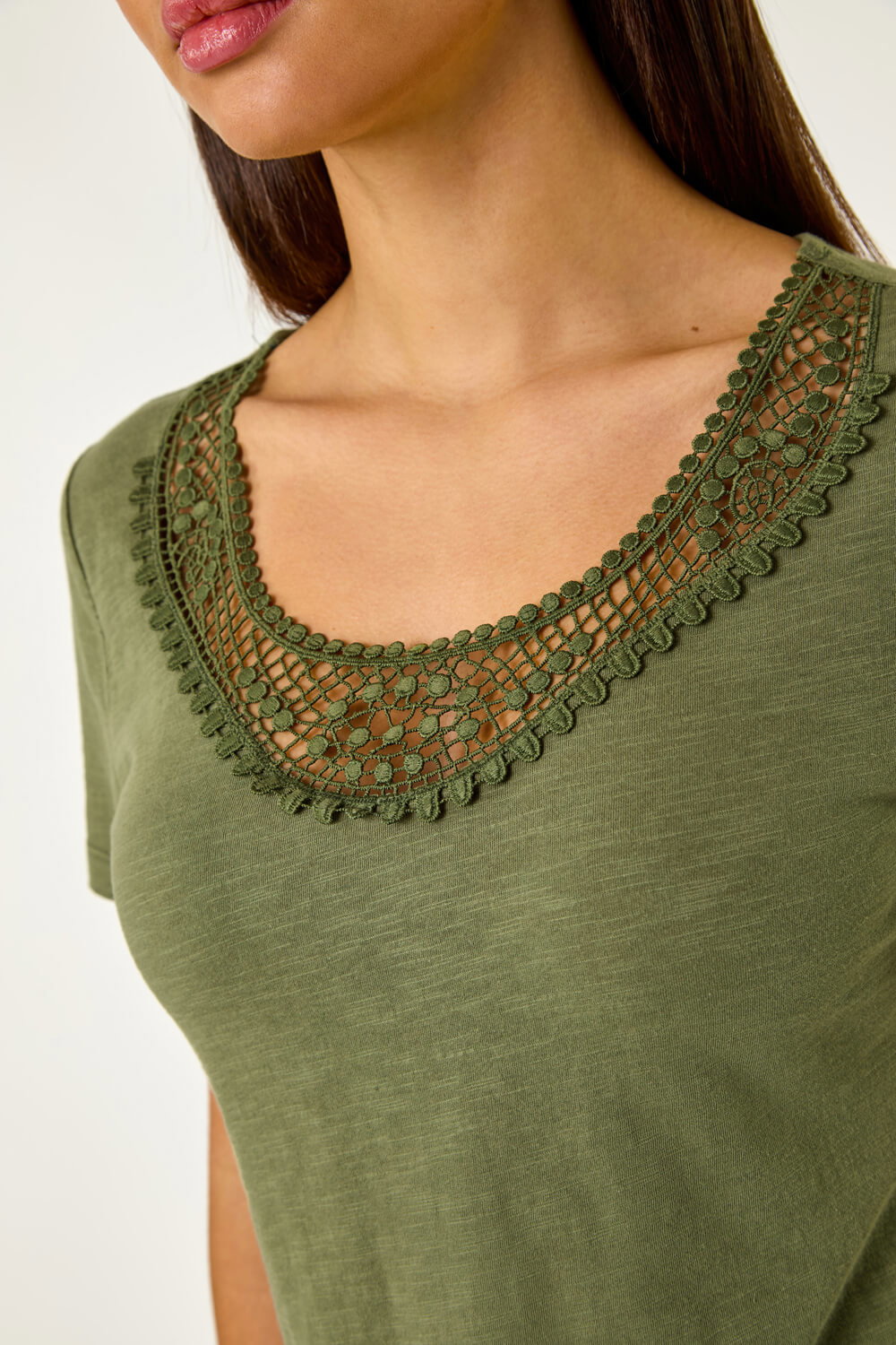 KHAKI Lace Neck Trim Stretch Top, Image 6 of 5