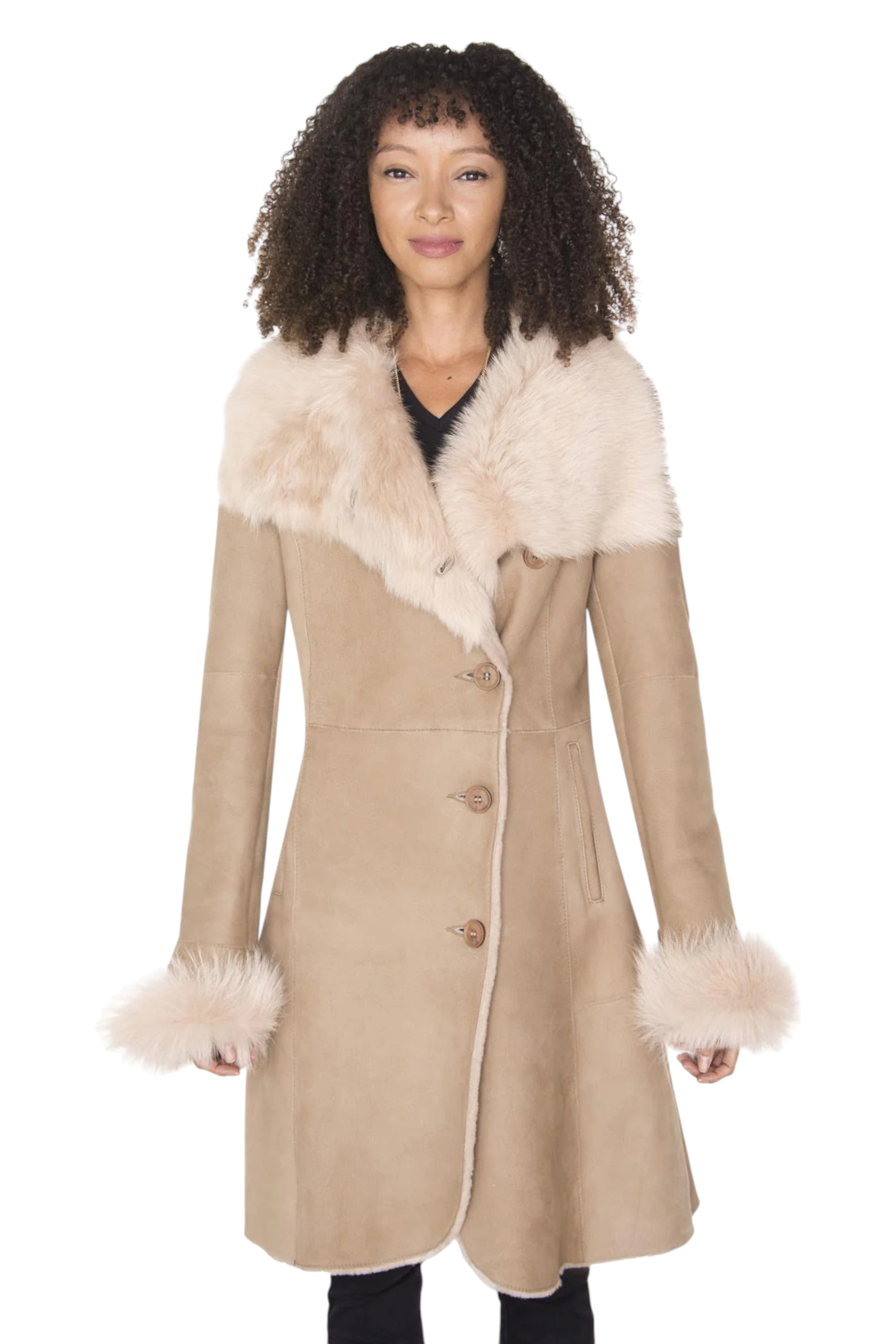 Beige Toscana Collar Merino Shearling Coat, Image 1 of 4