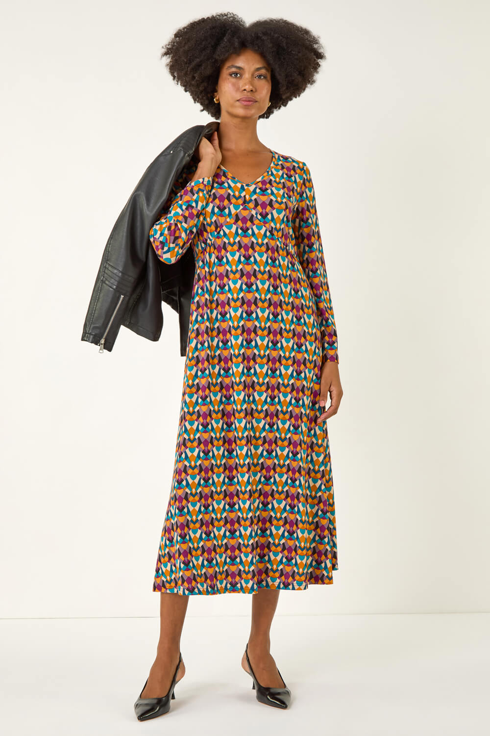 ORANGE Geo Print Stretch Midi Dress, Image 4 of 7