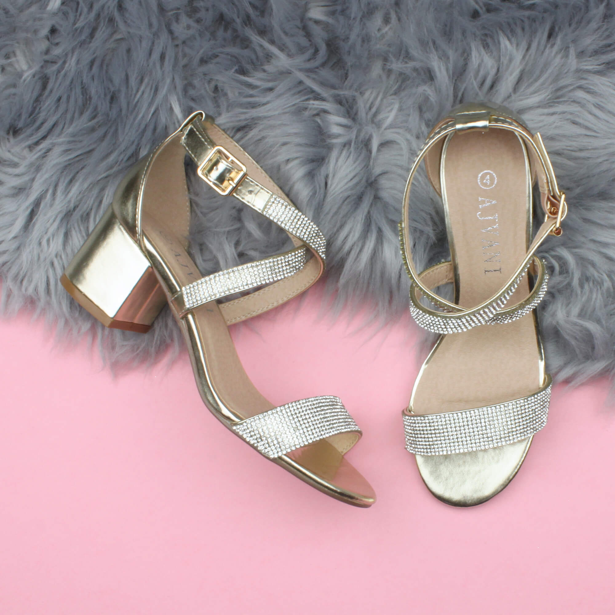 Gold AJVANI Gold Mid Block Heel Crossed Straps Diamante Sandals, Image 4 of 6