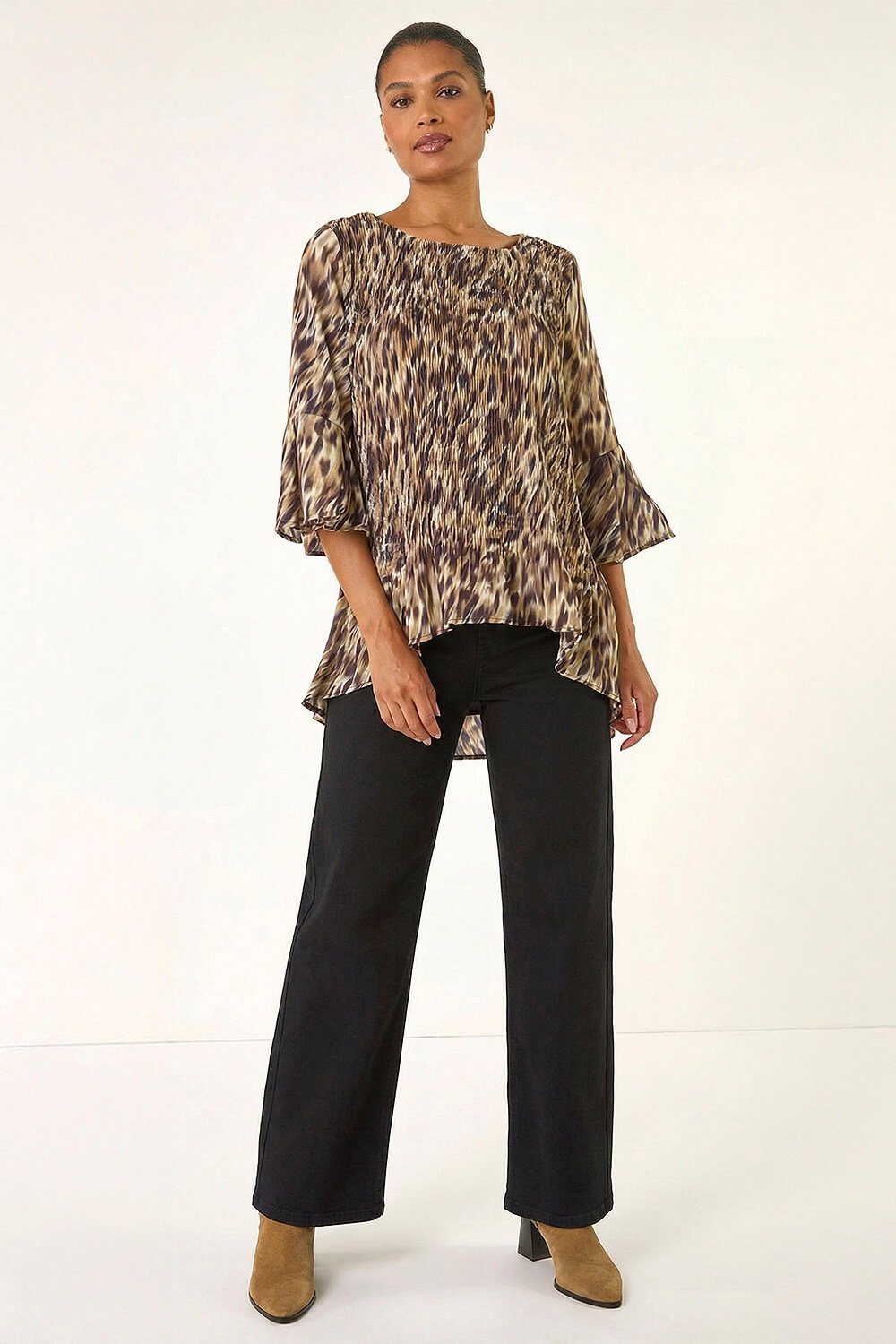Brown Animal Print Pleated Top, Image 1 of 5