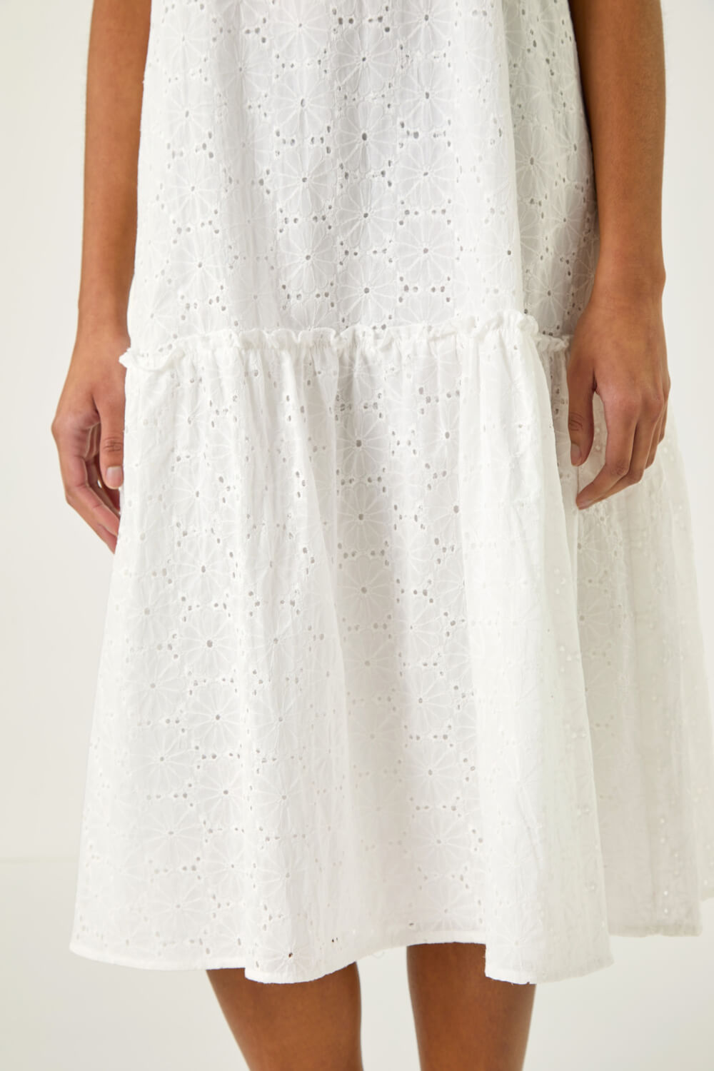 White Broderie Frill Tiered Midi Dress, Image 6 of 7
