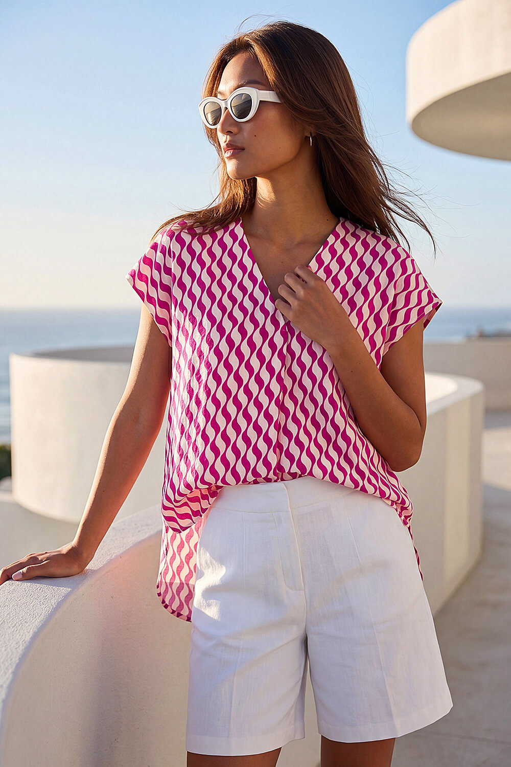 Magenta Wave Stripe Print V-Neck Top, Image 3 of 4