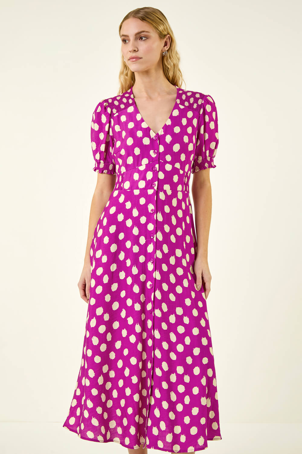 Magenta Spot Print Button Midi Dress, Image 5 of 5