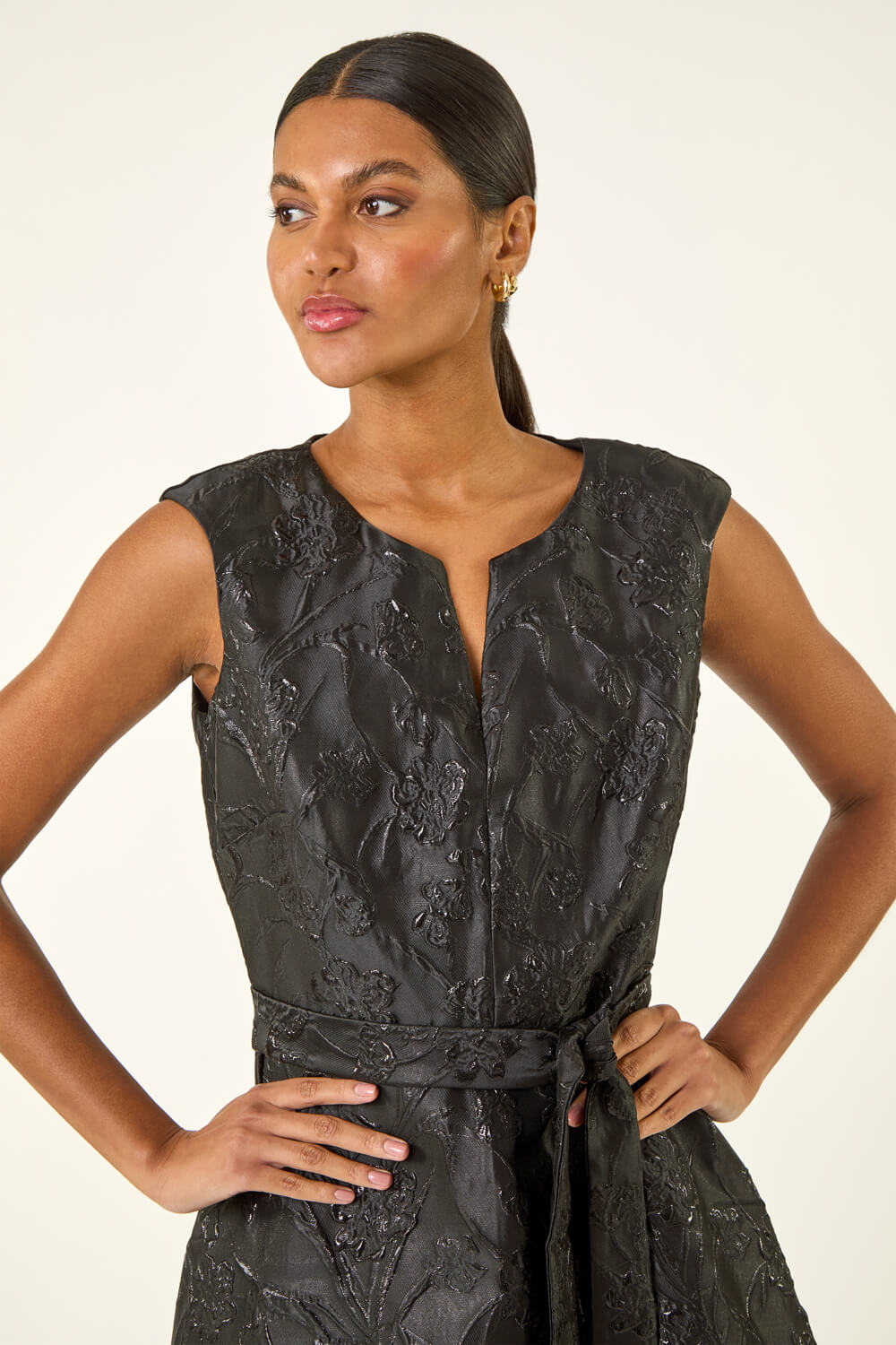 Black Metallic Brocade Belted Dress | Roman UK