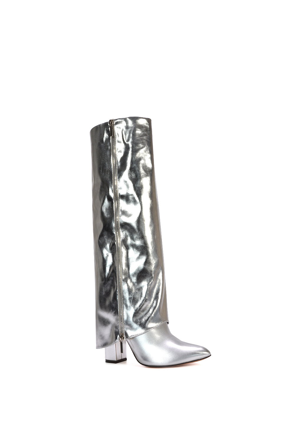 Silver 'Allie' Knee High Boots Fold Over Point Toe Deco Zip, Image 2 of 6