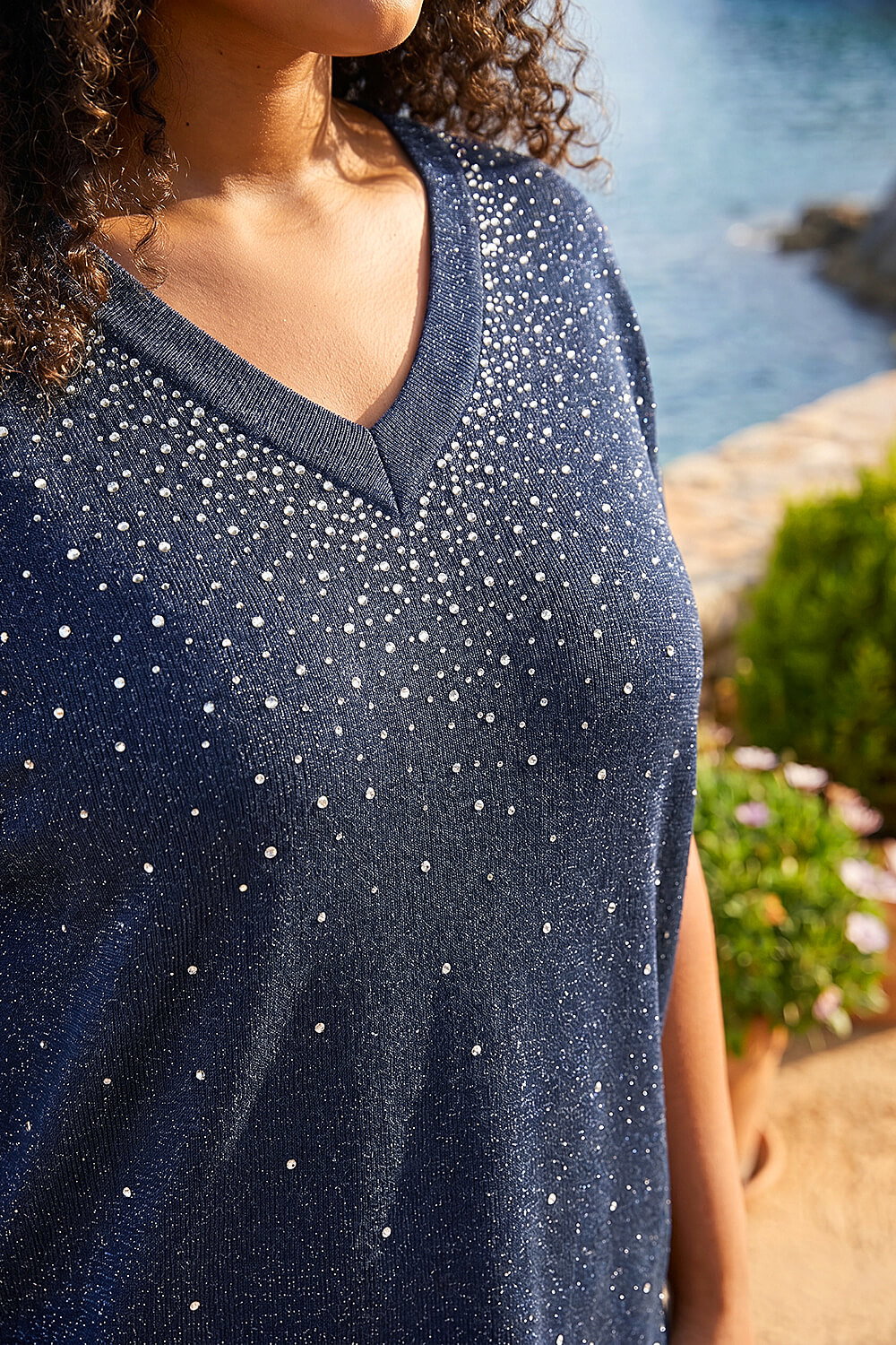 Navy Curve Shimmer Hotfix Knit Top, Image 5 of 4