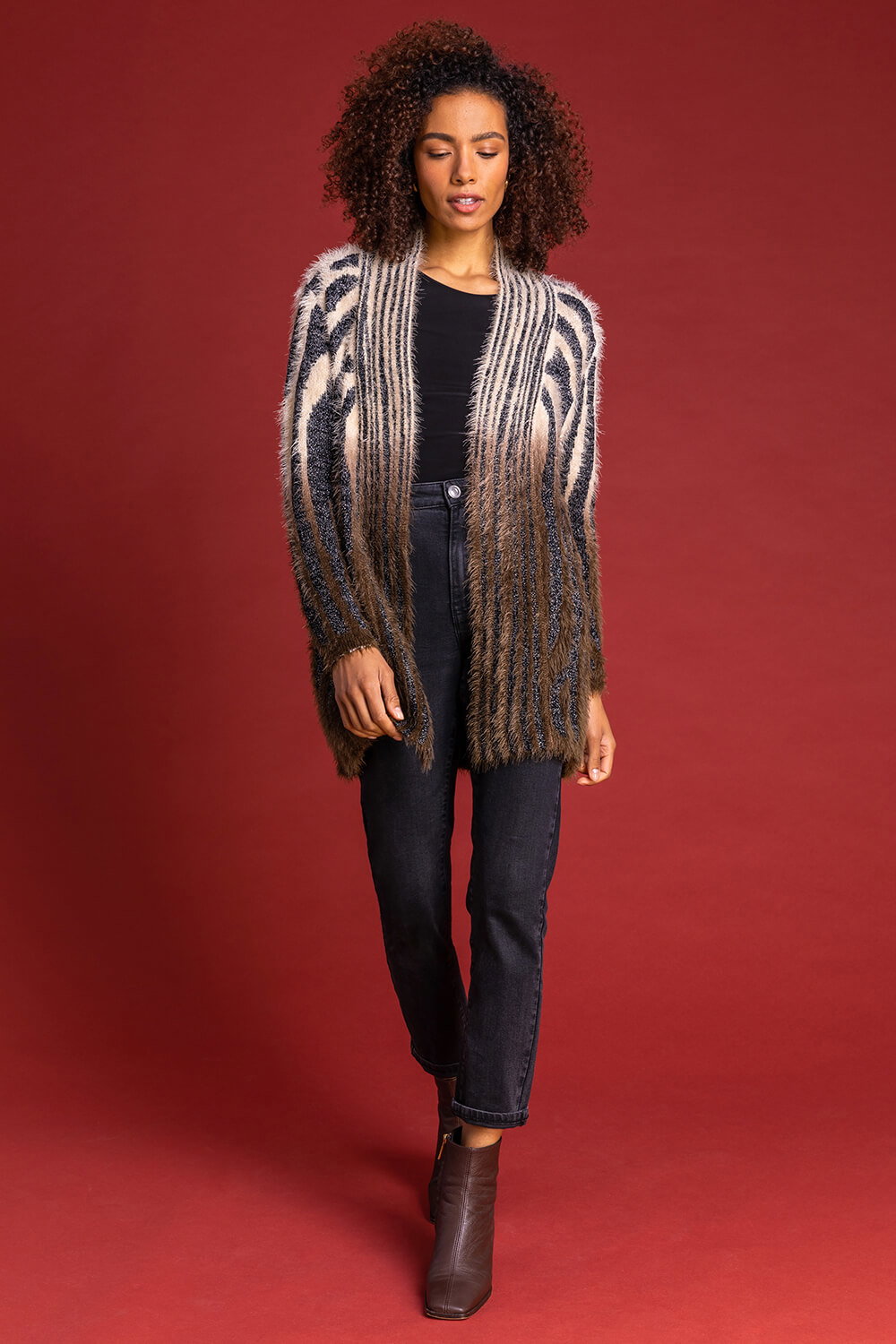 Natural  Zebra Print Fluffy Cardigan, Image 3 of 4