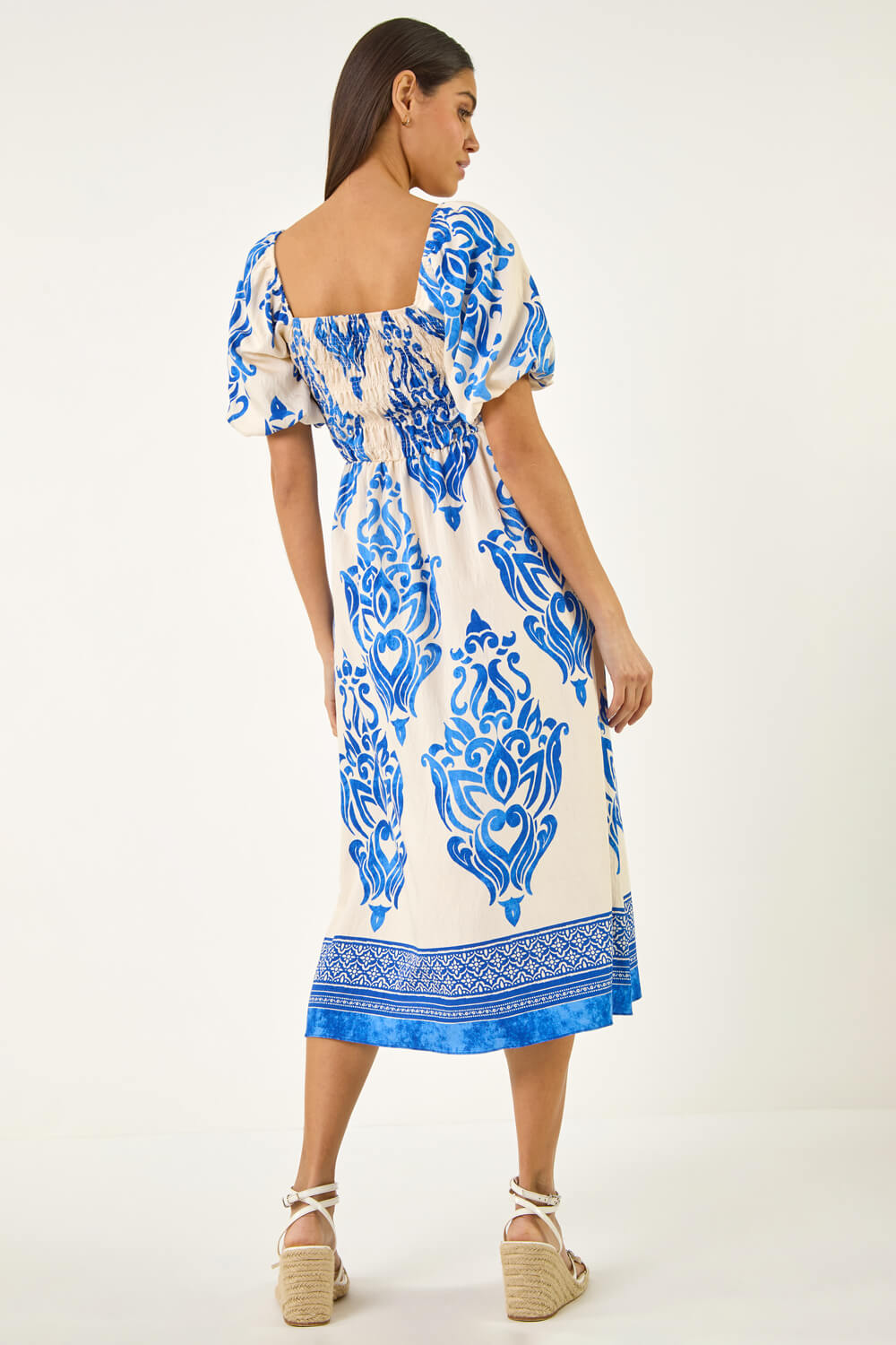 Blue Abstract Print Shirred Midi Dress, Image 5 of 6