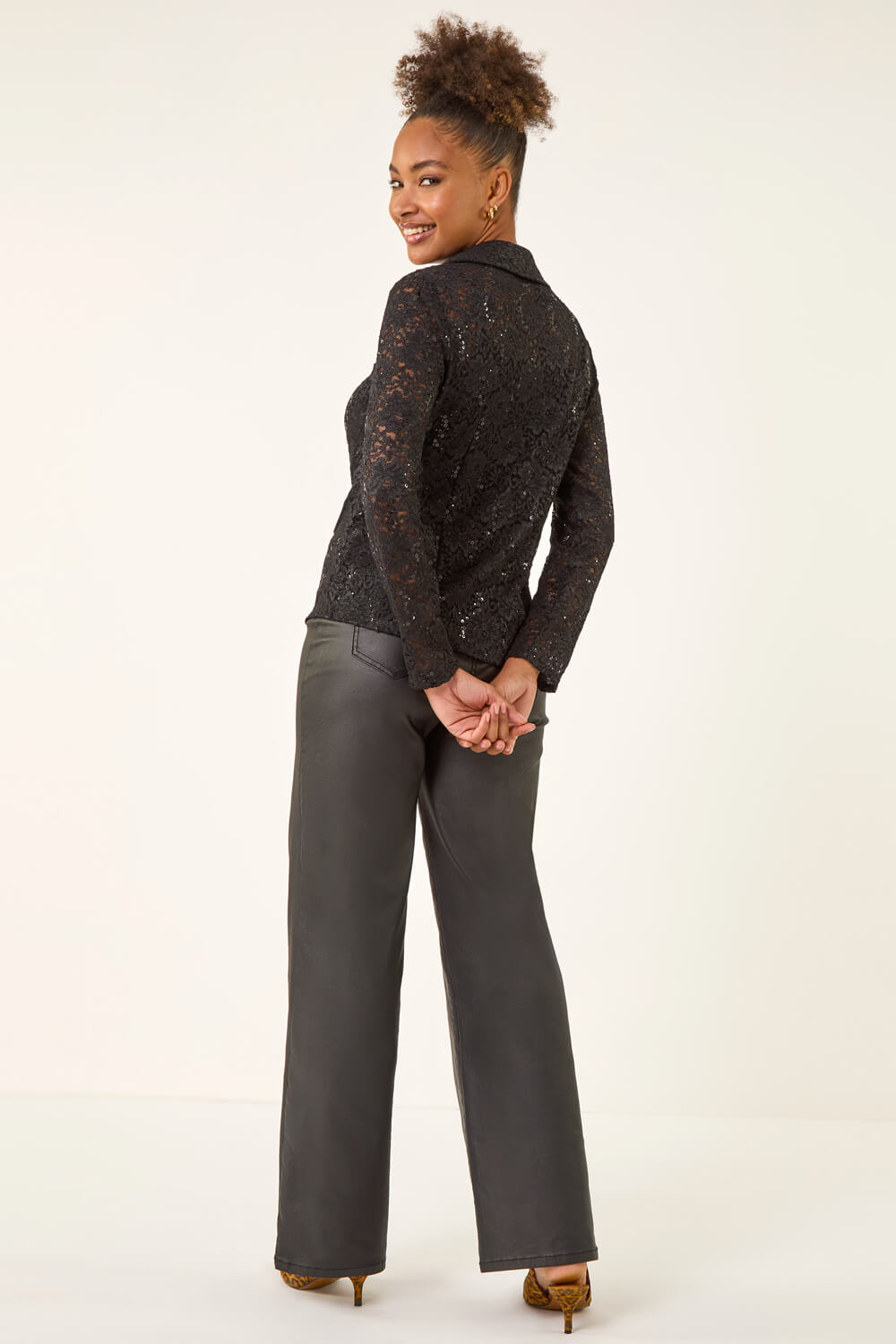 Black Sequin Lace Collared Blouse, Image 5 of 6