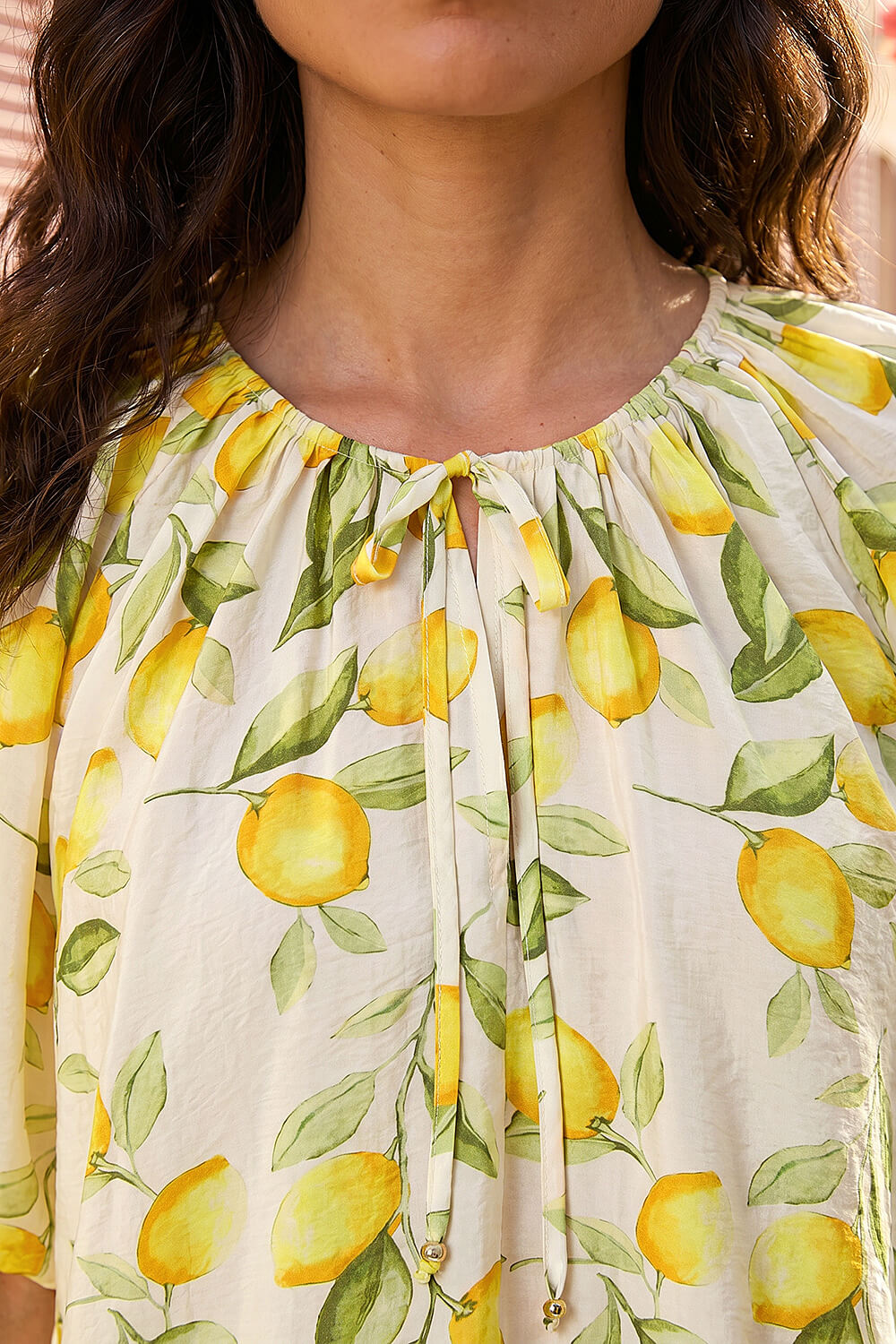 Yellow Lemon Print Tie Front Top, Image 5 of 4