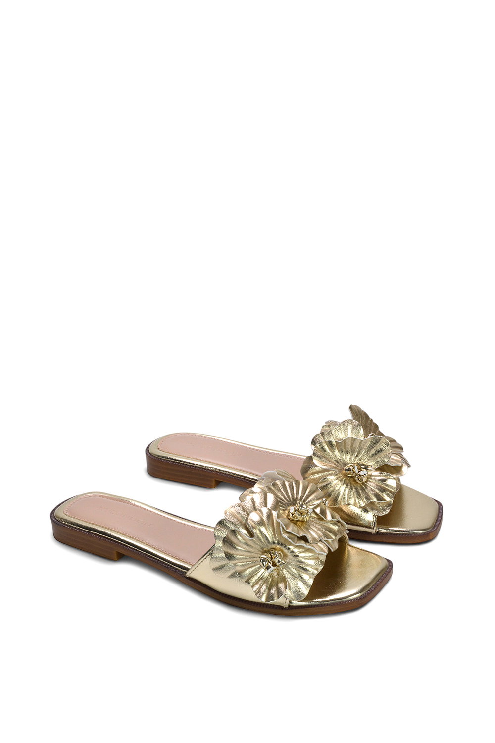 Gold XY LONDON Gold Flat Slip On Slider Sandals With Floral Detail, Image 5 of 6