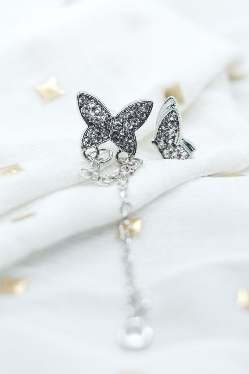 Silver The Colourful Aura Silver Butterfly Ear Cuff with Dangle Chain and Stud, Silver, Image 3 of 4