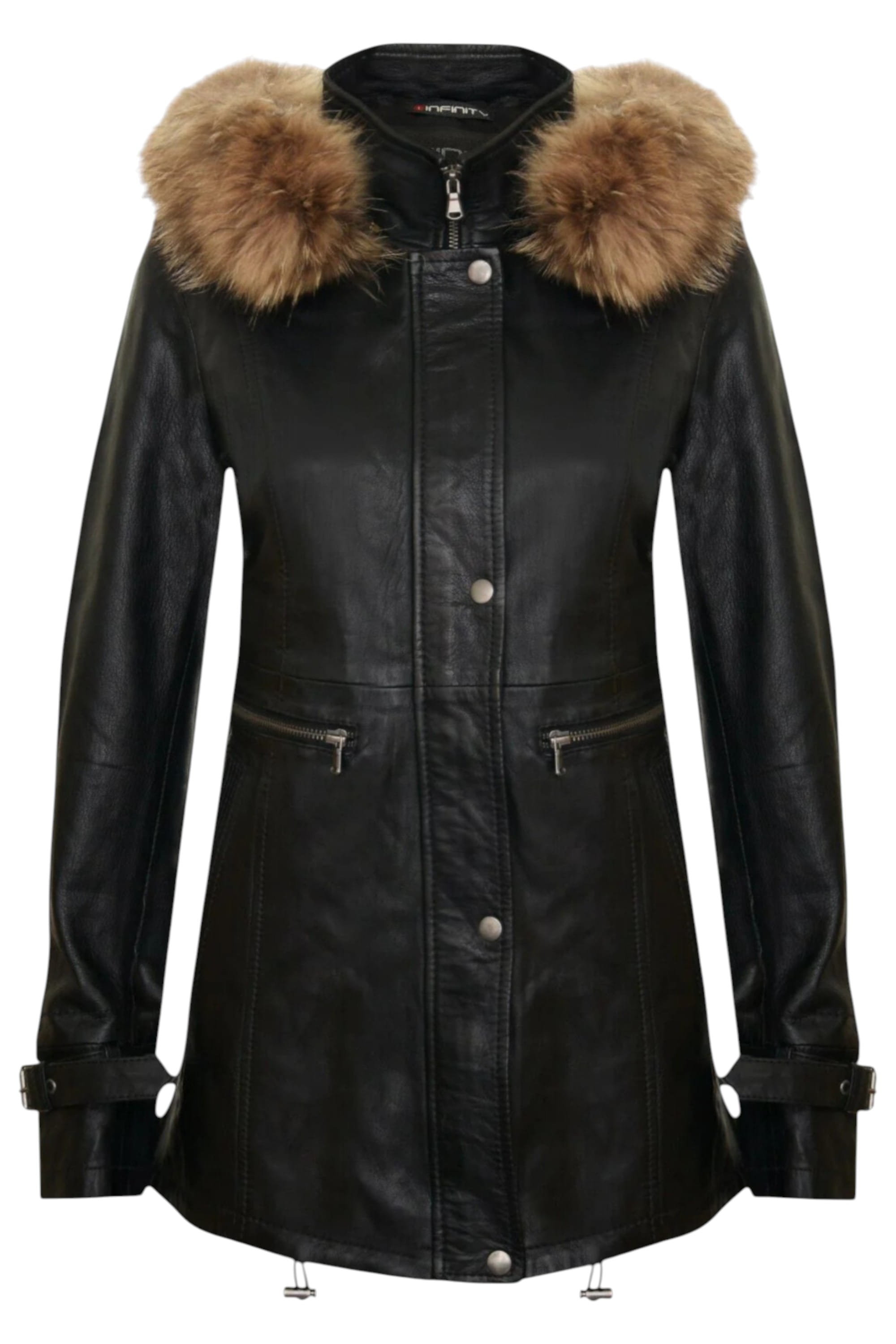 Black Leather Hooded Parka Jacket-Putian, Image 1 of 5