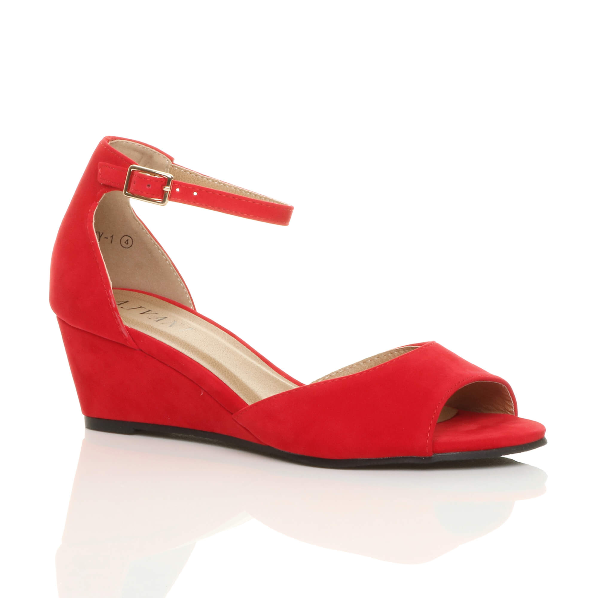 Red AJVANI Red Mid Wedge Heel Ankle Strap Sandals, Image 1 of 6