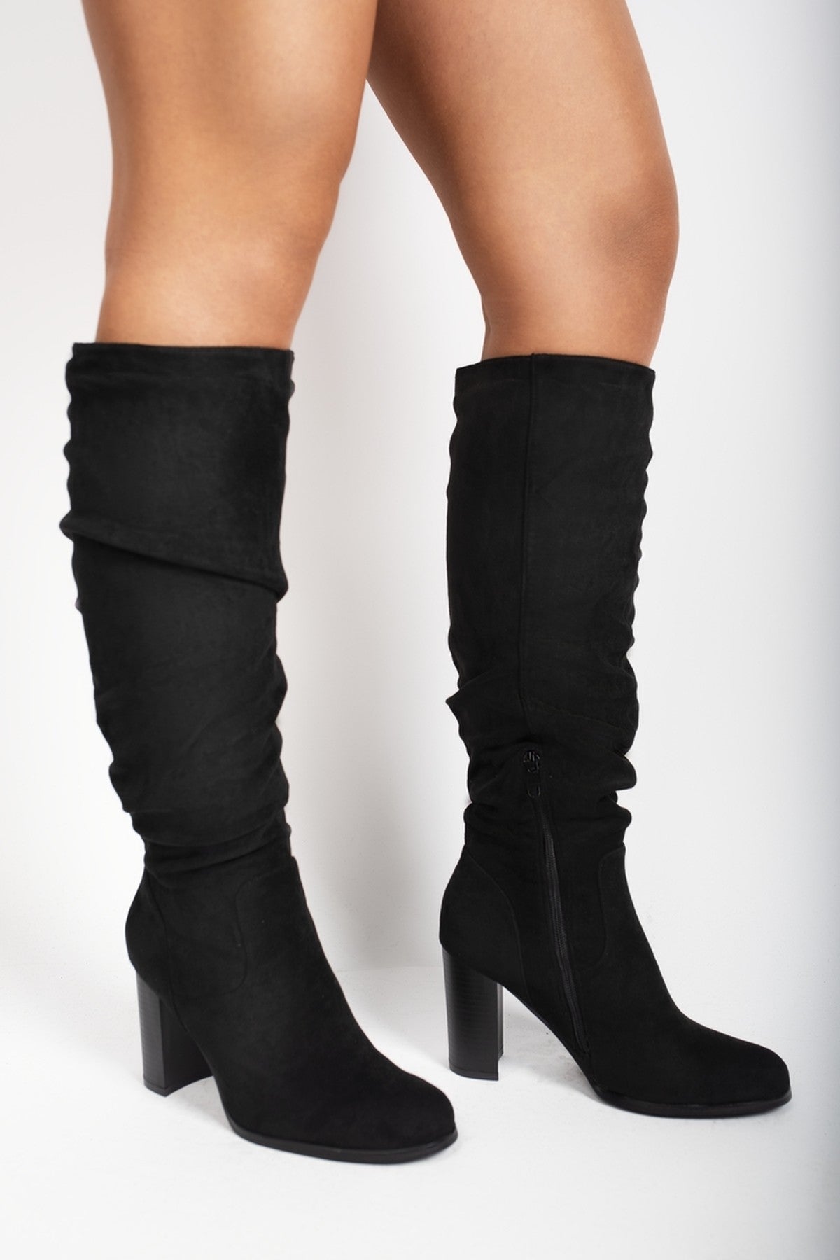 Black iKrush Black Lunara Suede Knee High Block Heel Boots, Image 3 of 8