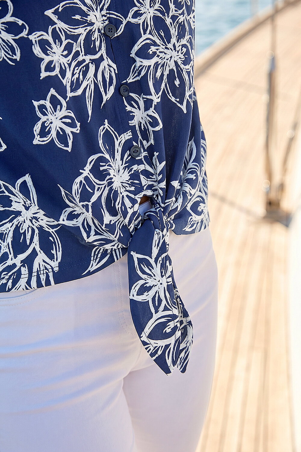 Navy Textured Floral Print Tie Front Top, Image 5 of 4