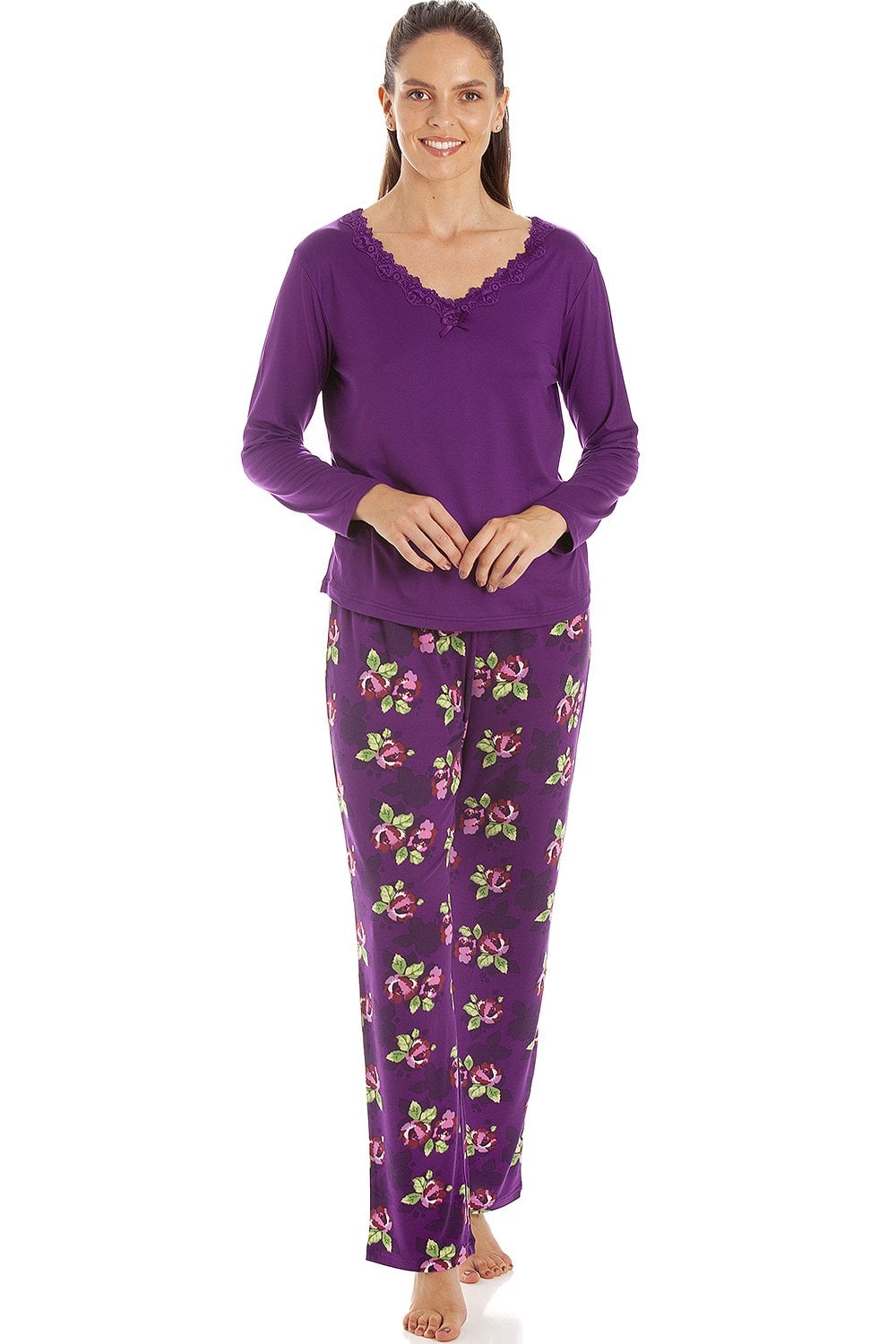Purple Camille Lingerie Purple Lightweight Floral Print Spandex Pyjama Set, Image 1 of 5