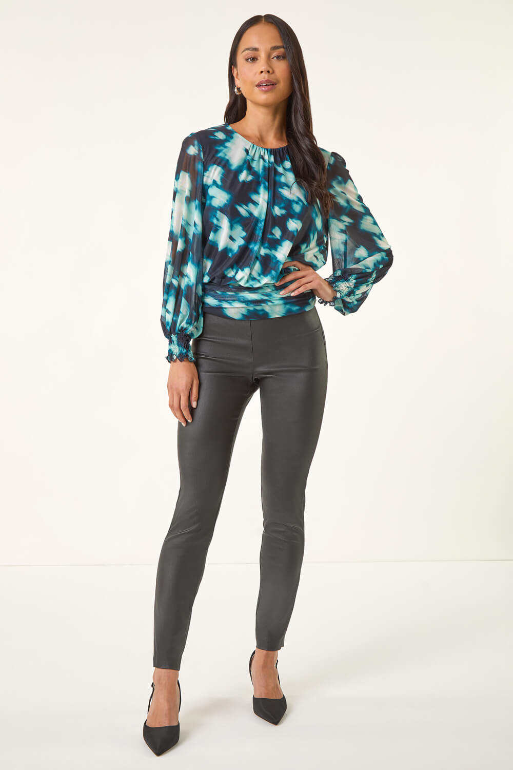 Teal Petite Mesh Blouson Top, Image 5 of 6