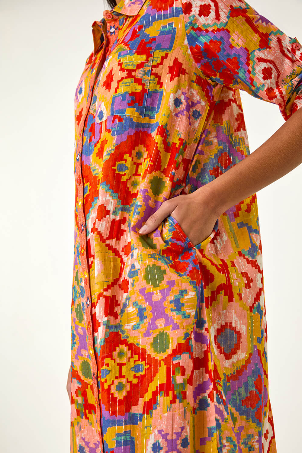 Orange Ikat Button Shirt Dress, Image 6 of 6