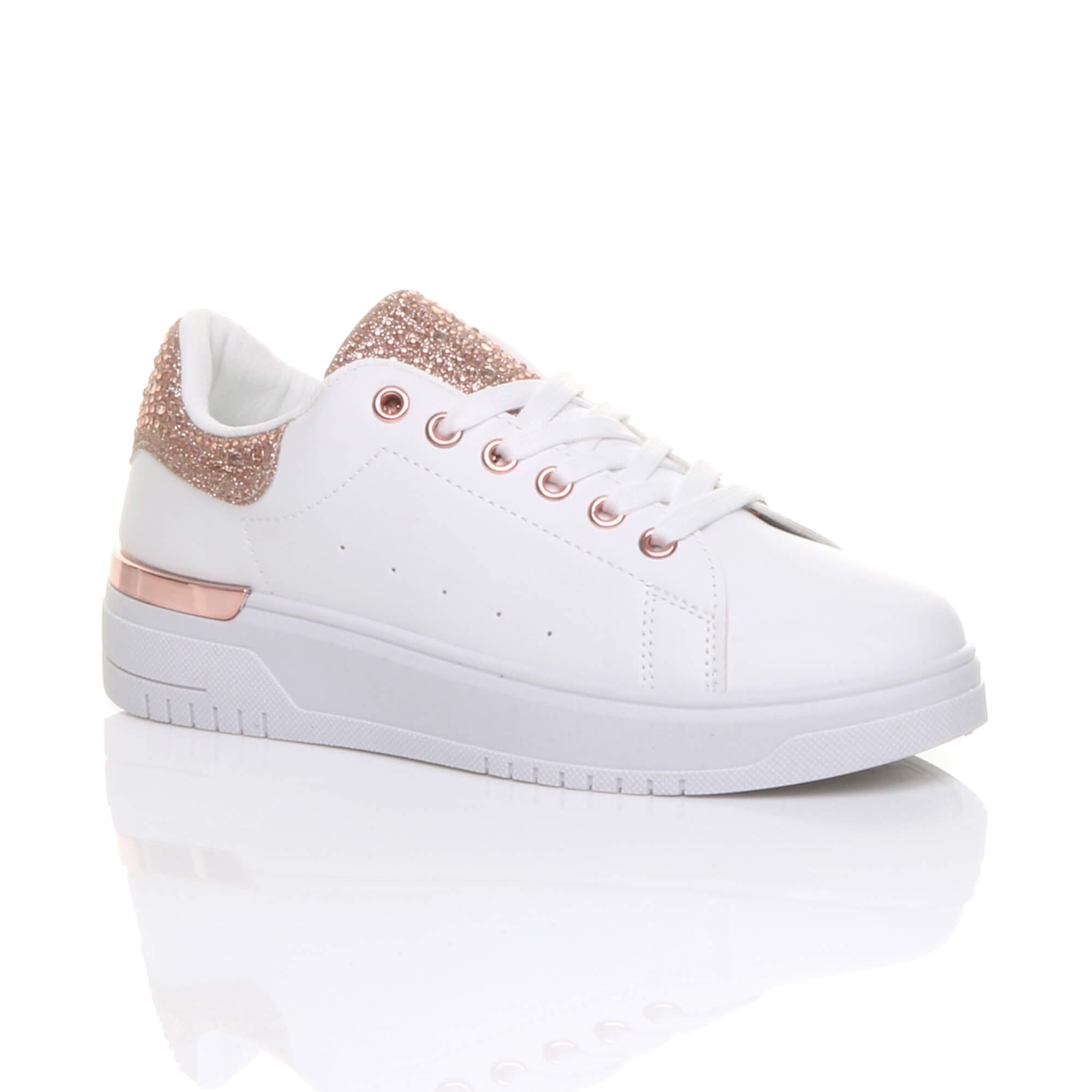 Rose Gold AJVANI Rose Gold Flat Chunky Diamante Sparkly Trainers, Image 1 of 6