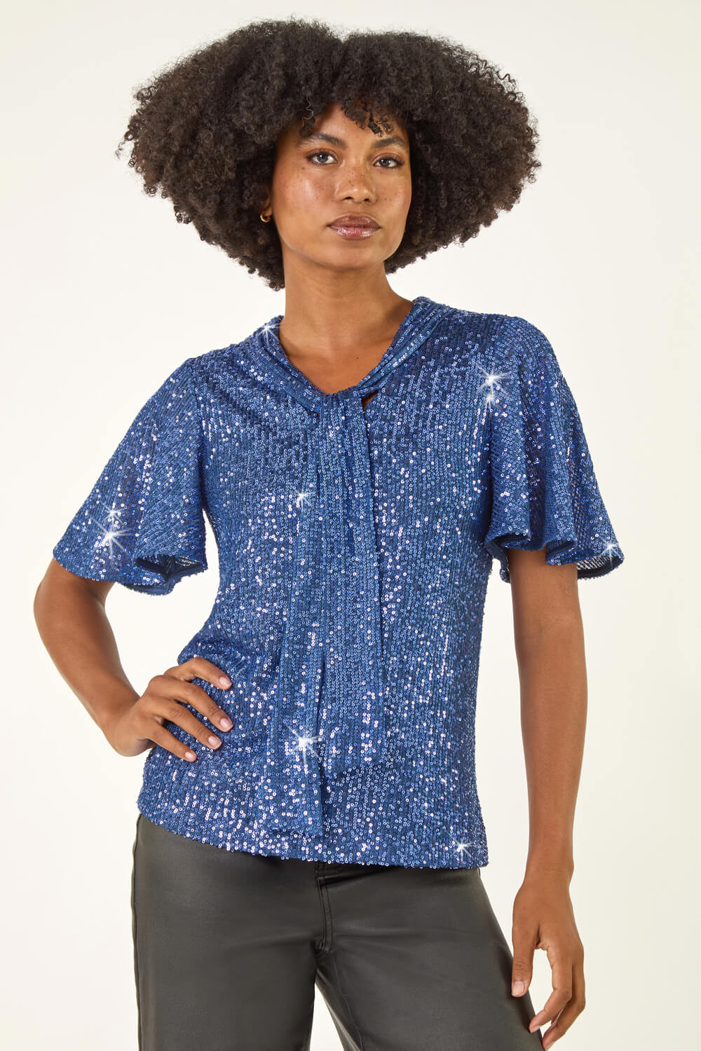 Blue Sequin Tie Neck Top, Image 5 of 5