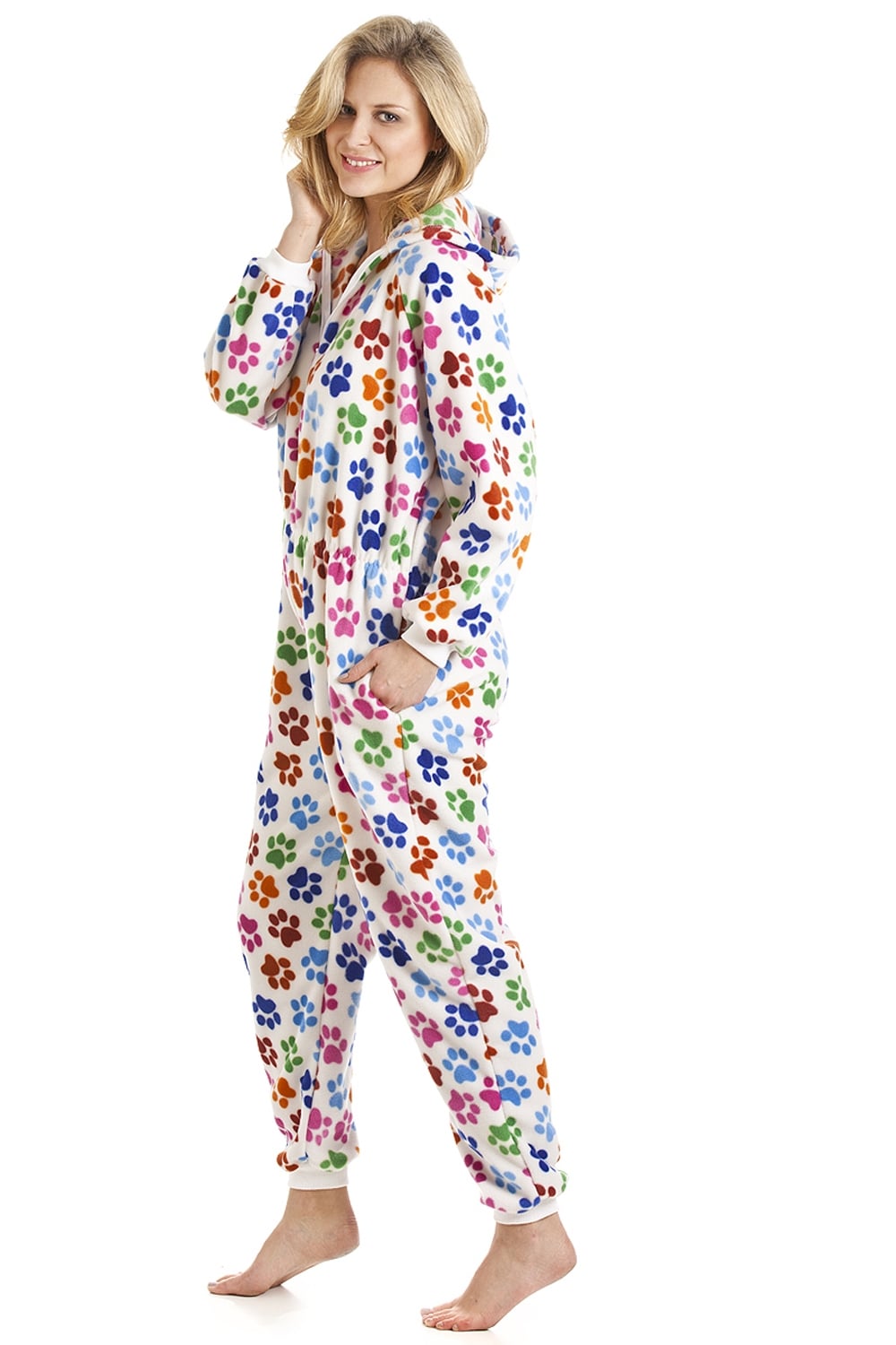 White Camille Lingerie White All In One Paw Print Hooded Fleece Onesie, Image 4 of 5