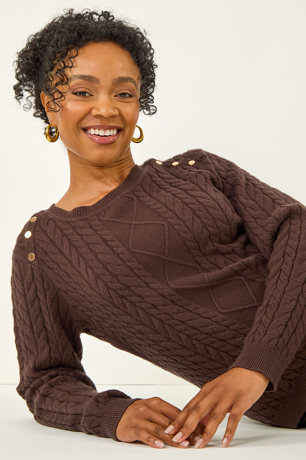 Chocolate Petite Button Cable Knit Jumper, Image 3 of 7
