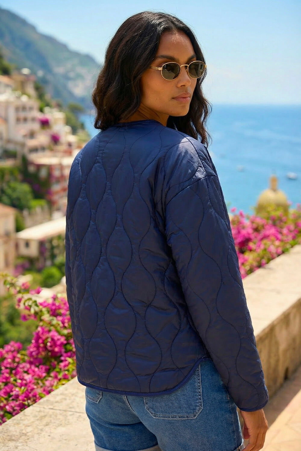 Navy  Two Tone Crew Neck Jacket , Image 4 of 4