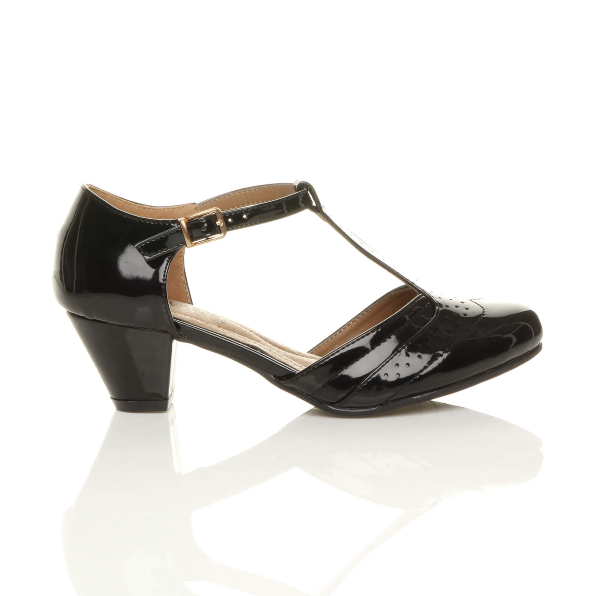 Black AJVANI Black Mid Heel Comfort T-Bar Brogue 2 Part Heels, Image 2 of 6