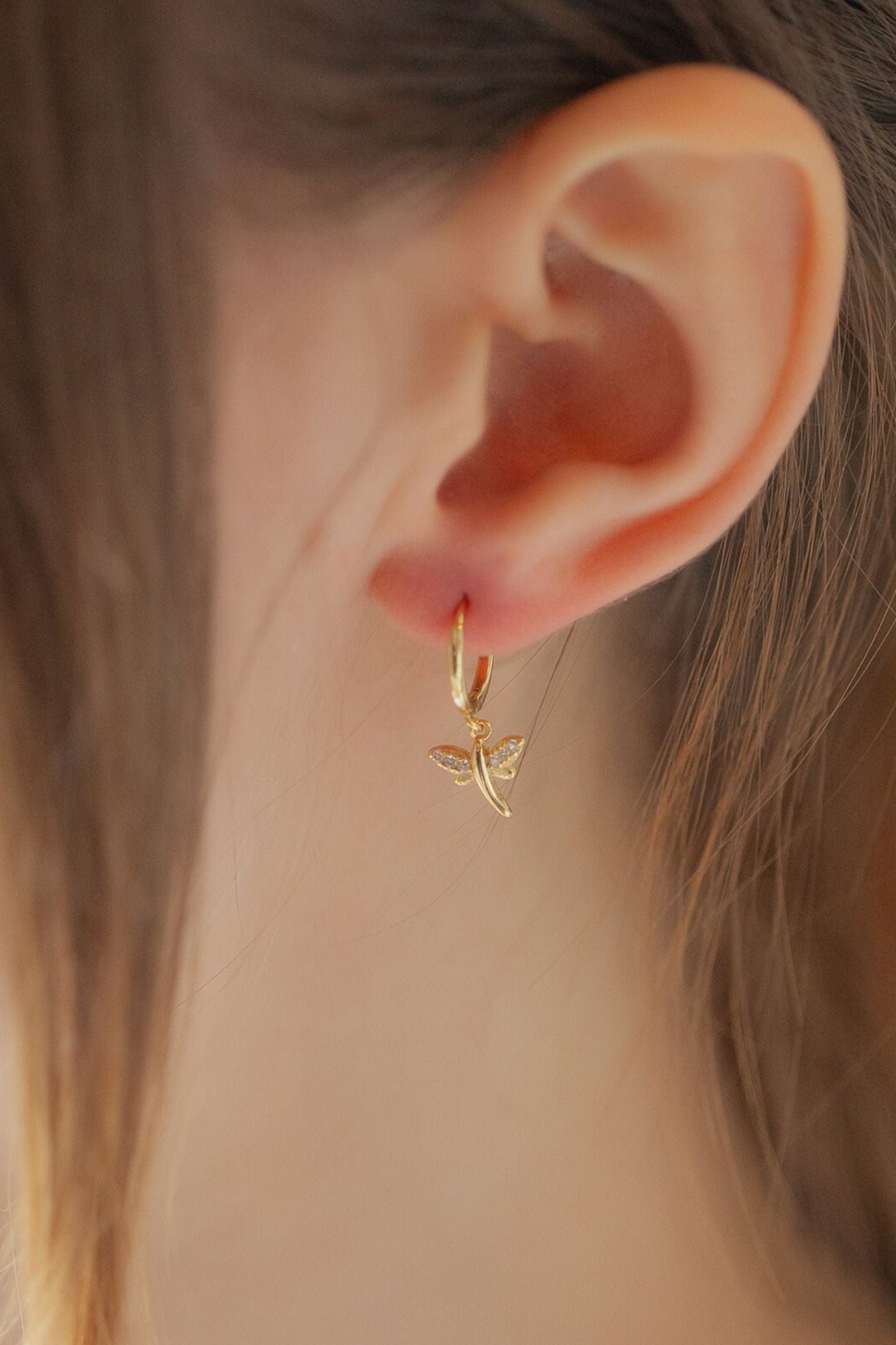 Gold Sterling Silver CZ Dragonfly Hoops, Image 2 of 2