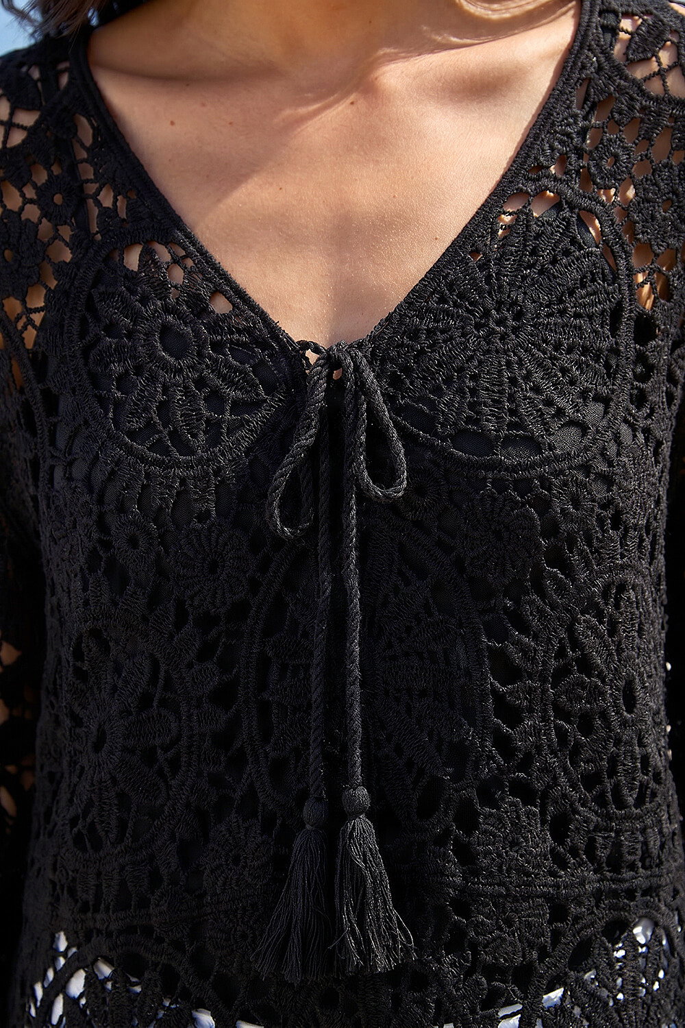Black Crochet Tie Front Knit Tunic, Image 5 of 4