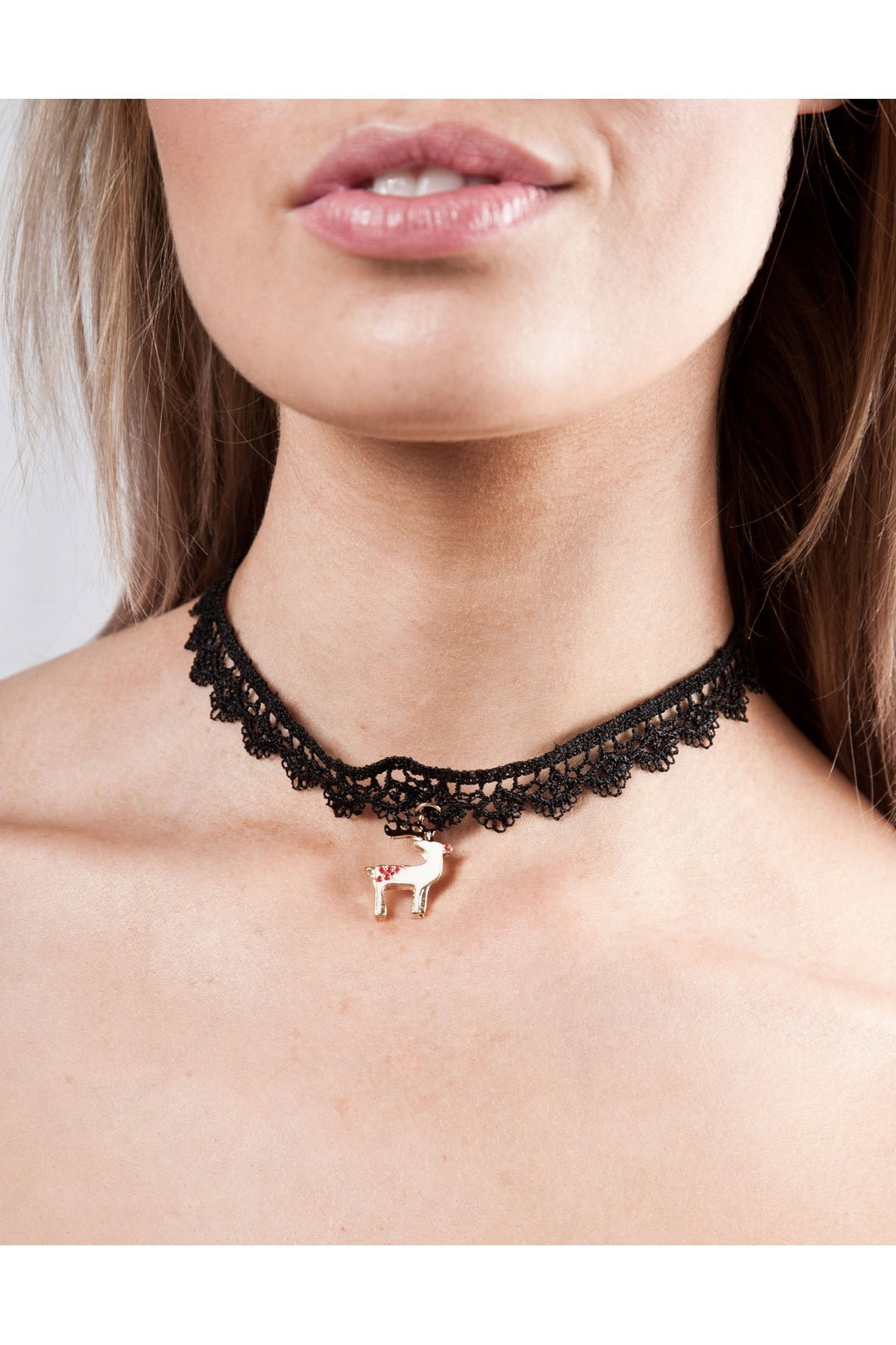 Black SVNX Black Lace Choker With Reindeer Charm, Image 2 of 3