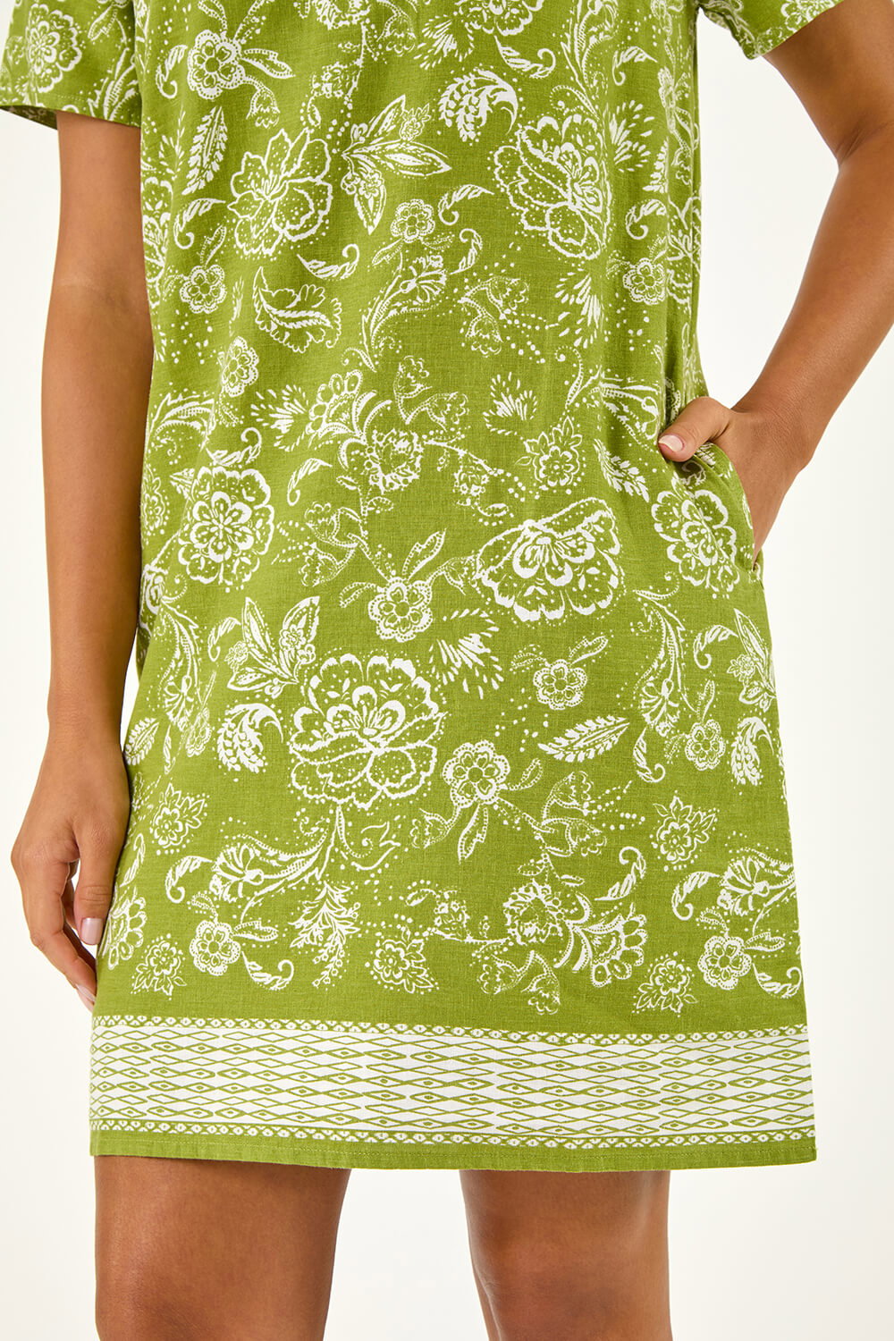 Green Paisley Print Linen Blend Shift Dress, Image 6 of 5