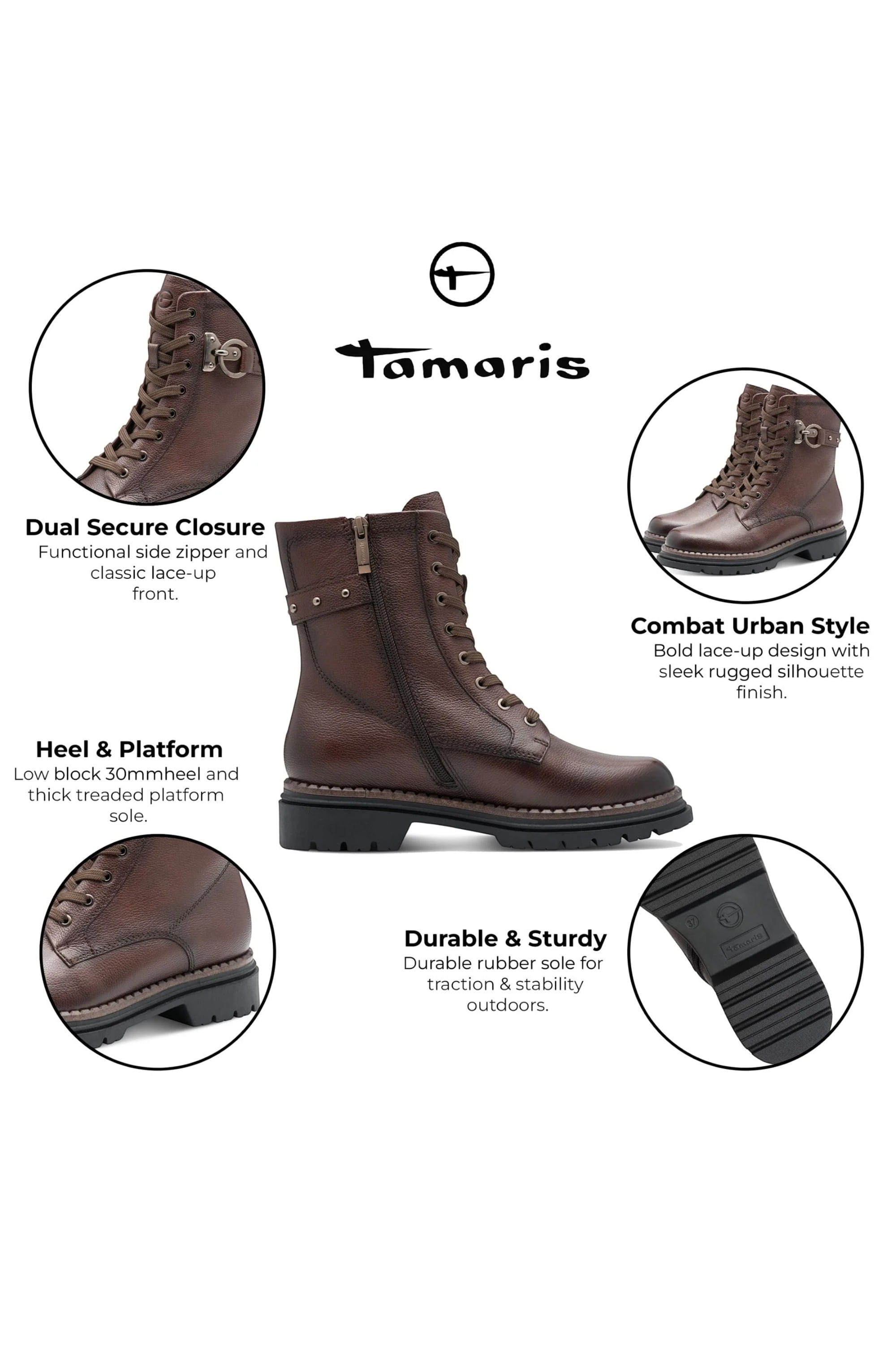 Brown Tamaris Brown Tamaris Womens Brown Leather Combat Boot, Image 2 of 6