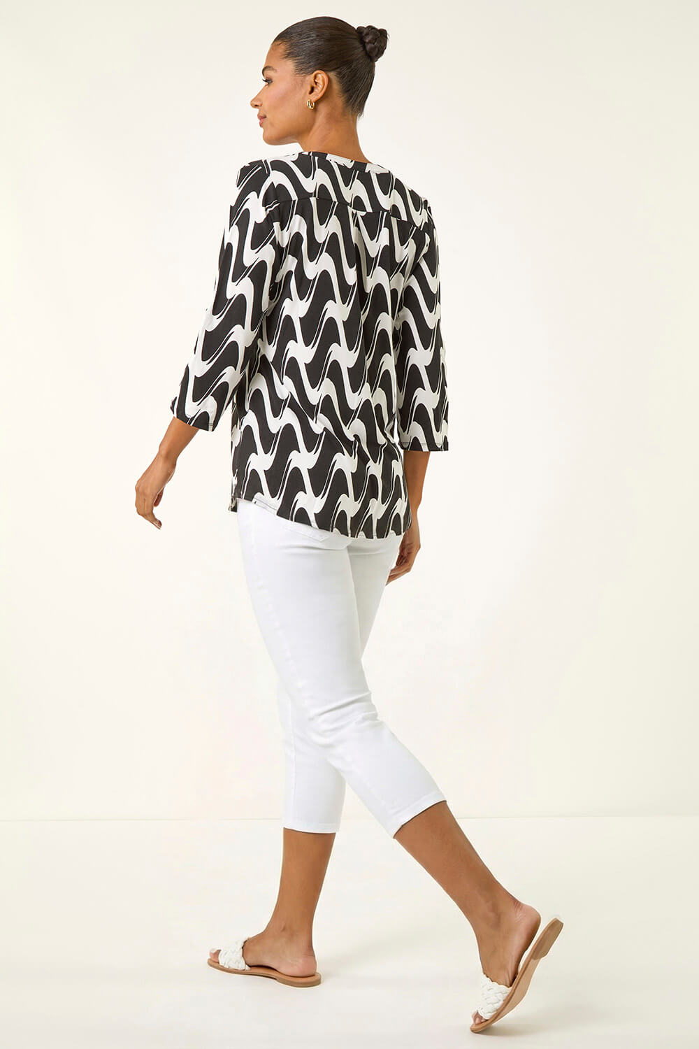 Black Geometric Print V-Neck Stretch Blouse, Image 4 of 5