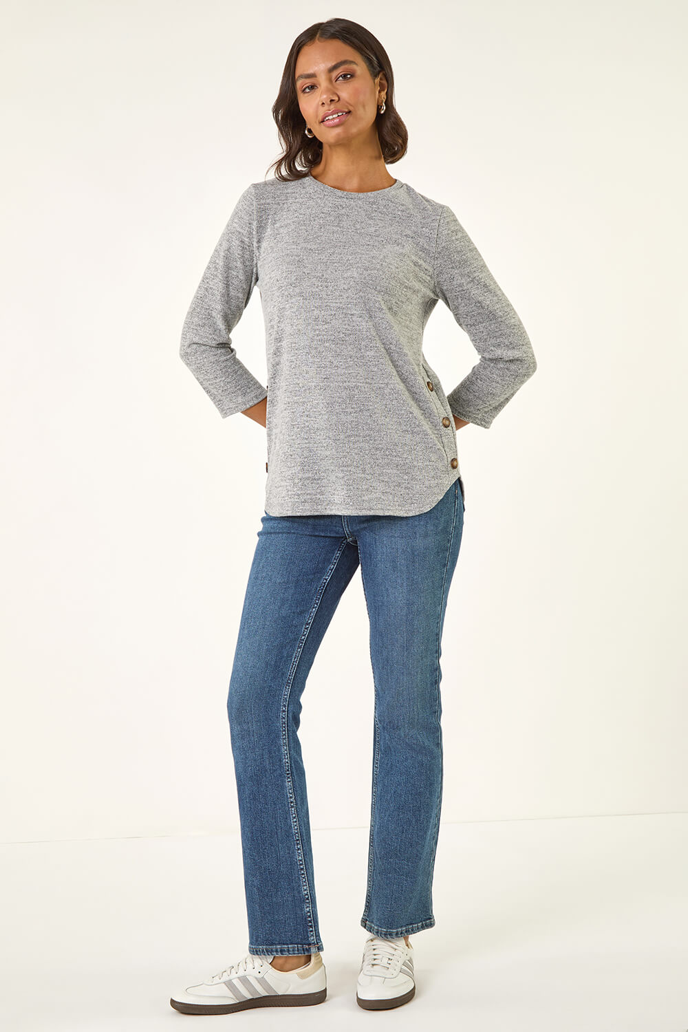 Light Grey Curved Hem Stretch Top, Image 3 of 5