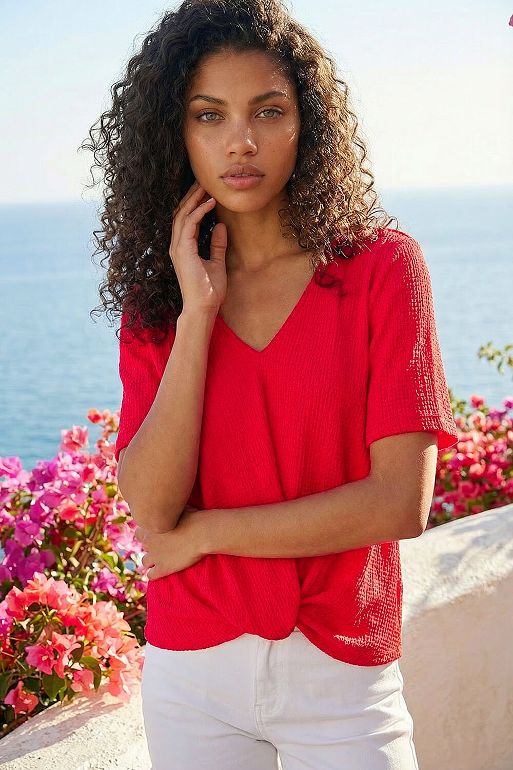 Red Petite Textured Twist Hem Top, Image 1 of 4