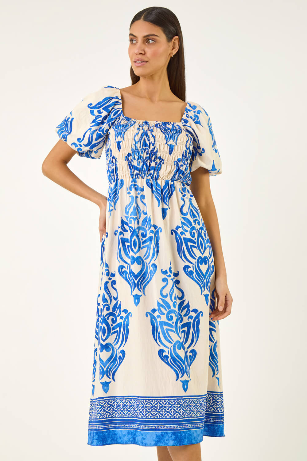 Blue Abstract Print Shirred Midi Dress, Image 6 of 6