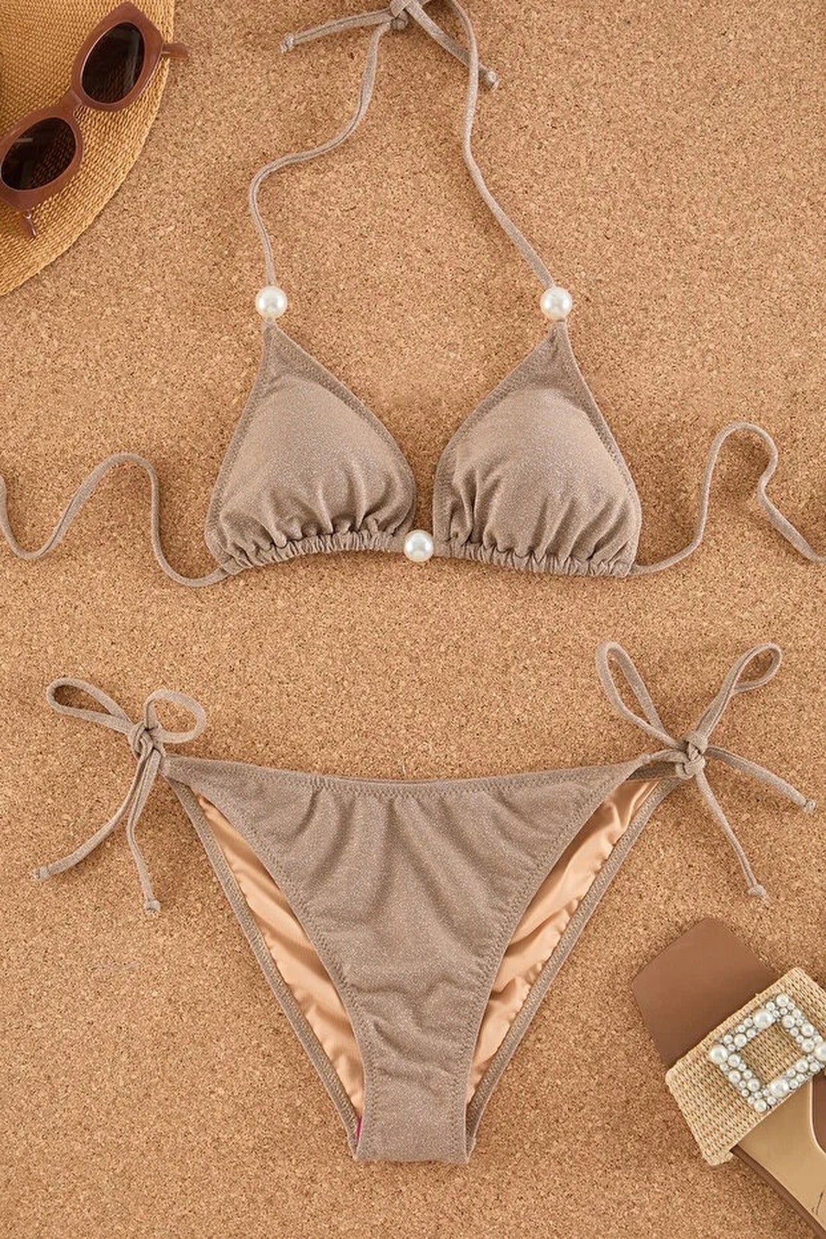 Bronze WOVCOR Bronze Triangle Bikini Set with Bead Detail and Tie Side Bottom, Image 2 of 4