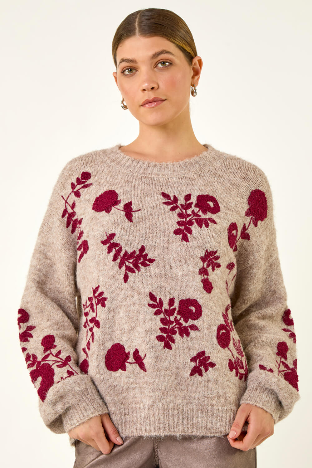Taupe Floral Crew Neck Knit Jumper, Image 6 of 7