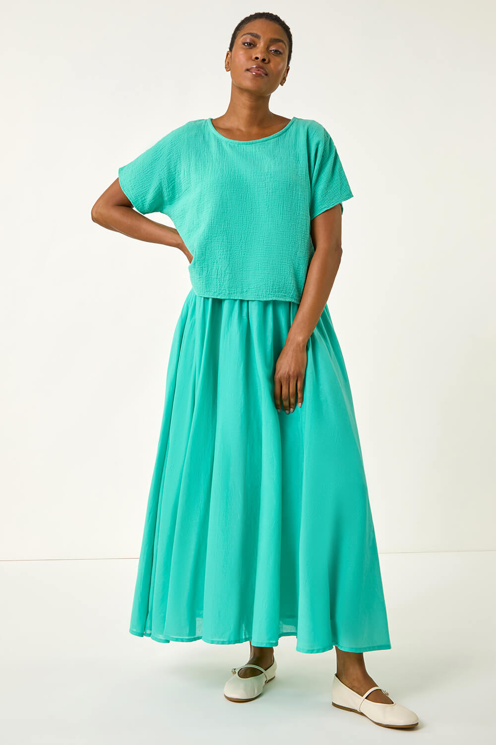 Jade Cotton Top Overlay Midi Dress, Image 3 of 5