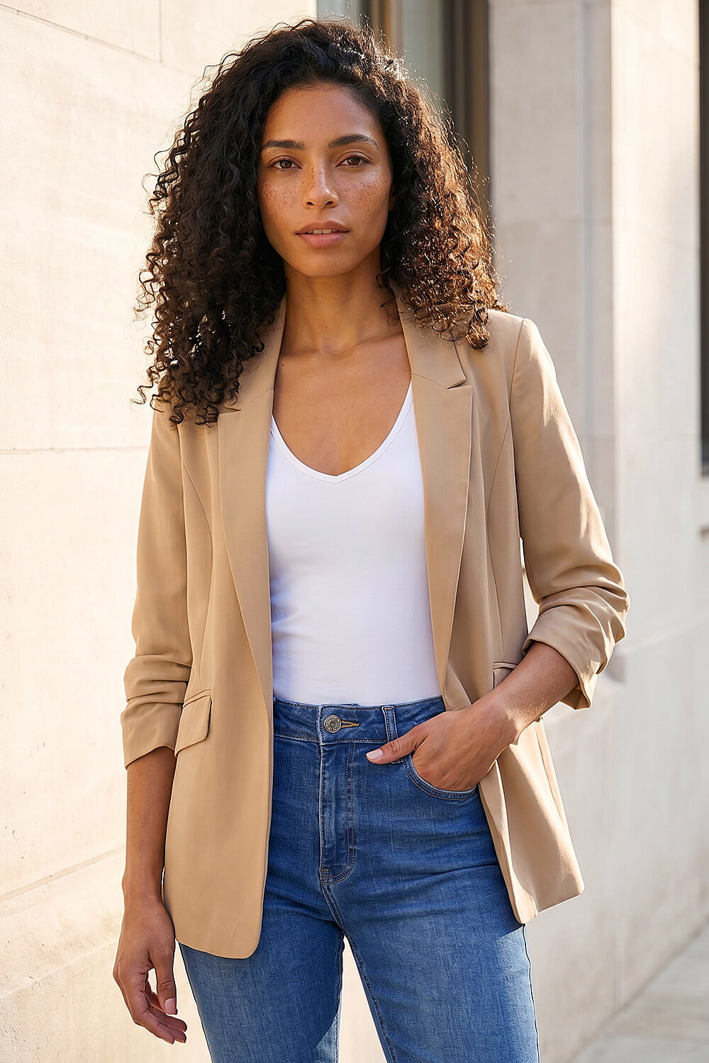 Natural Ruched 3/4 Sleeve Stretch Blazer , Image 1 of 4