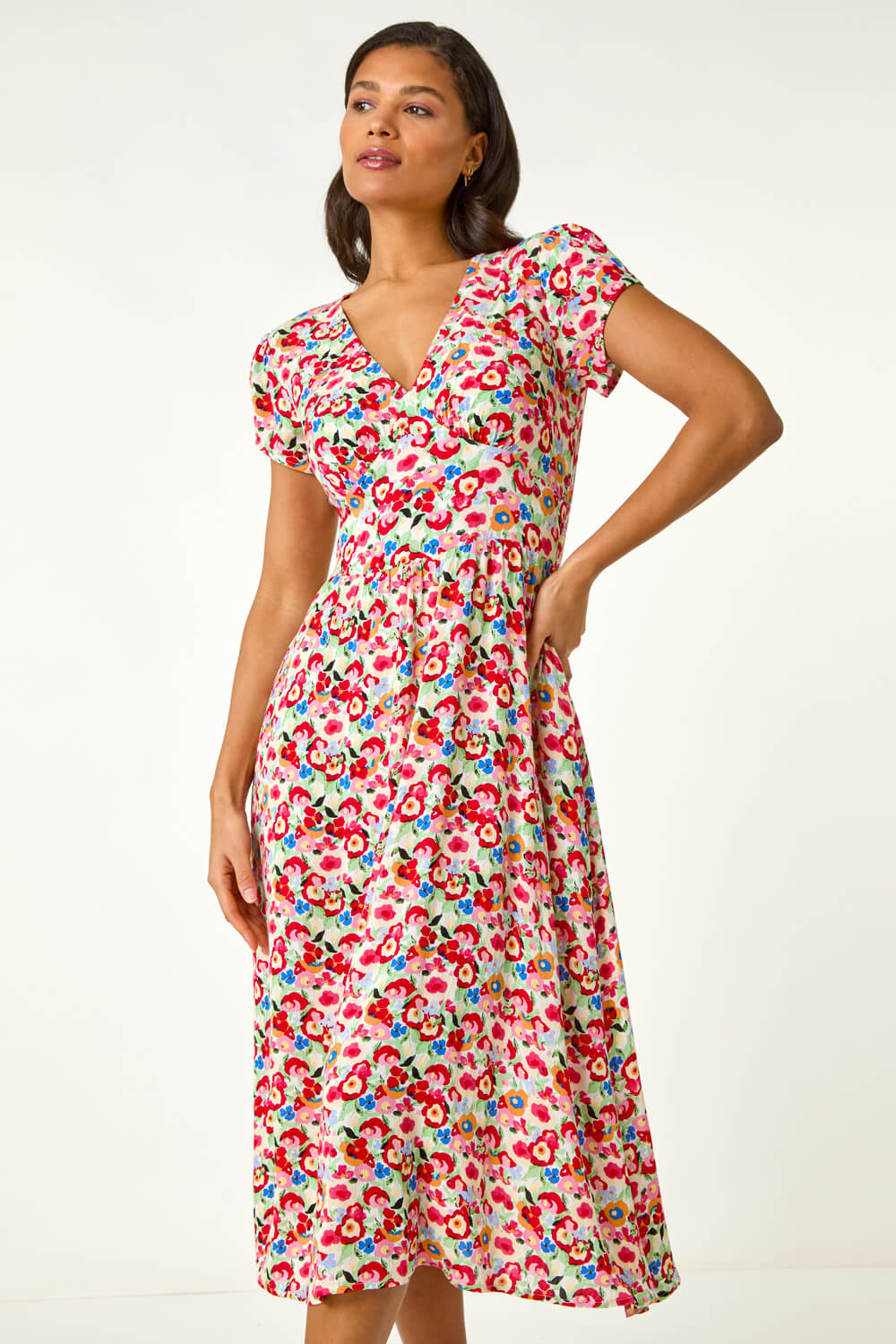 Red + Teal Abstract Floral Mix Flowy Dress