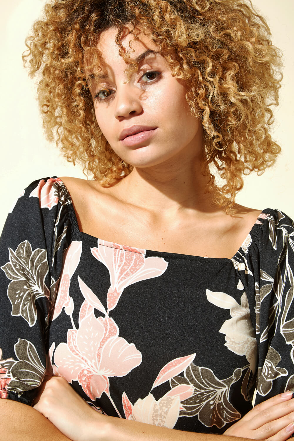 Black Floral Lily Print Square Neck Top, Image 5 of 4