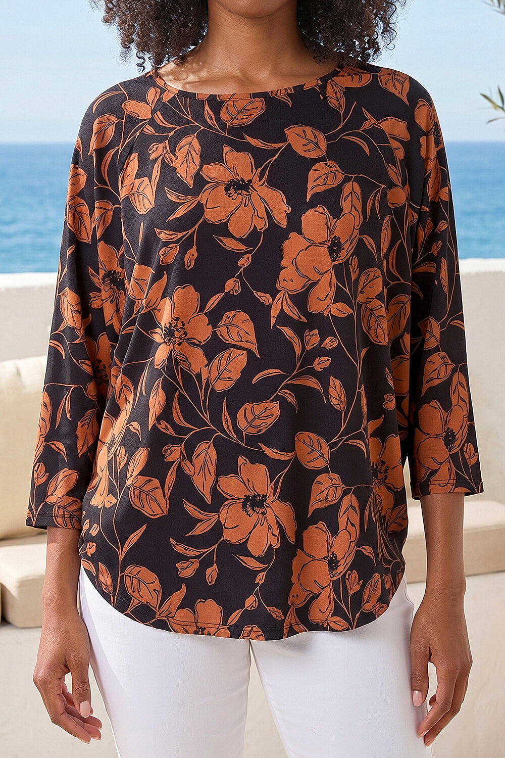 Tan Leaf Print Raglan Sleeve Stretch Top, Image 5 of 4
