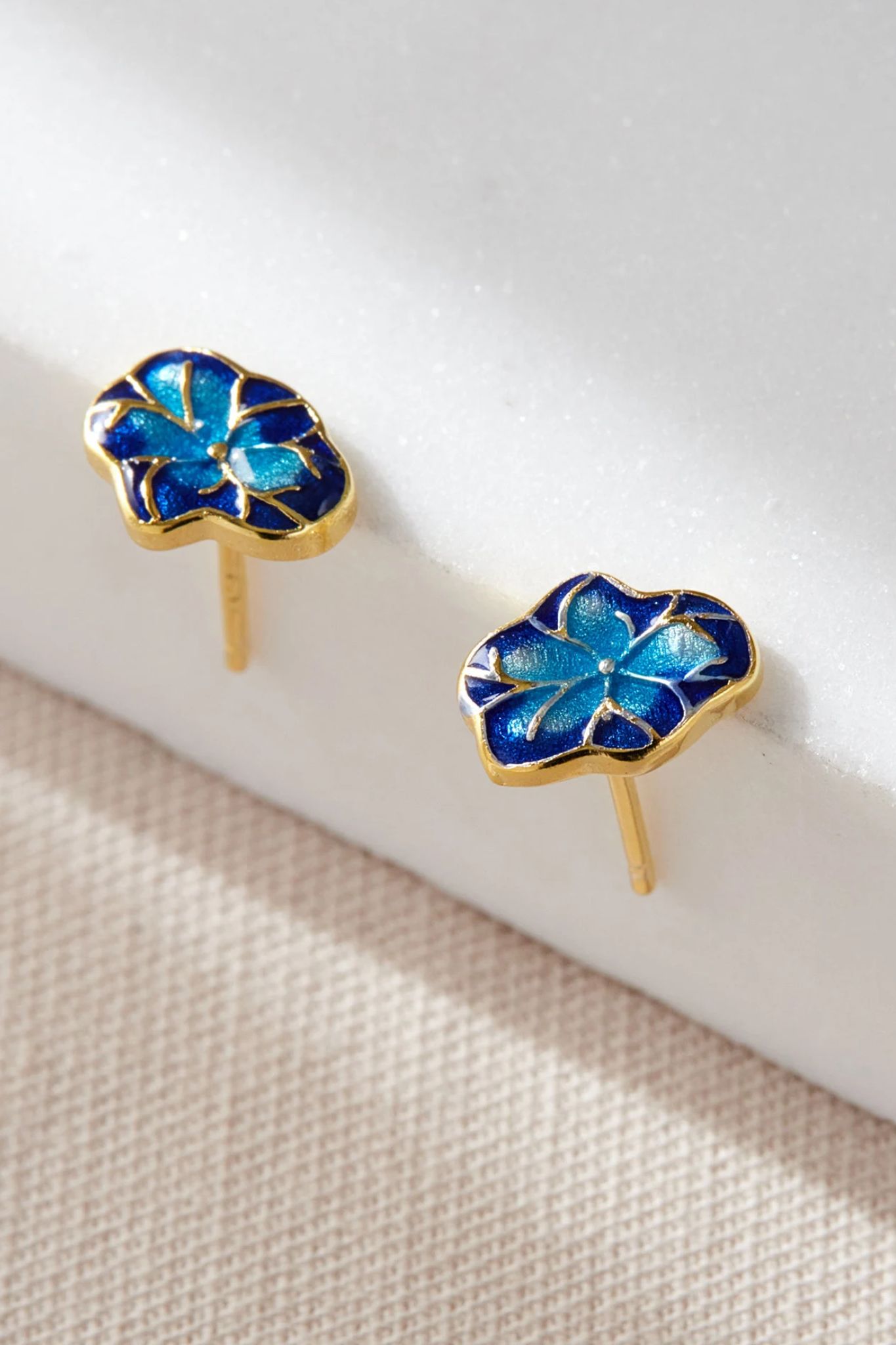 Blue Gold Plated Sterling Silver Blue Flower Studs, Image 3 of 3