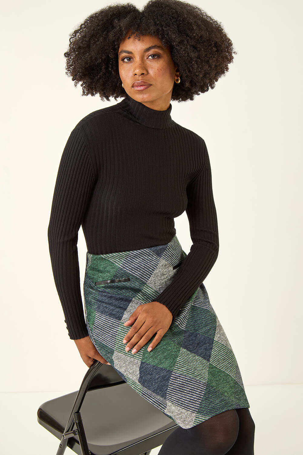 Green Check Print Pocket Stretch A line Skirt, Image 3 of 5