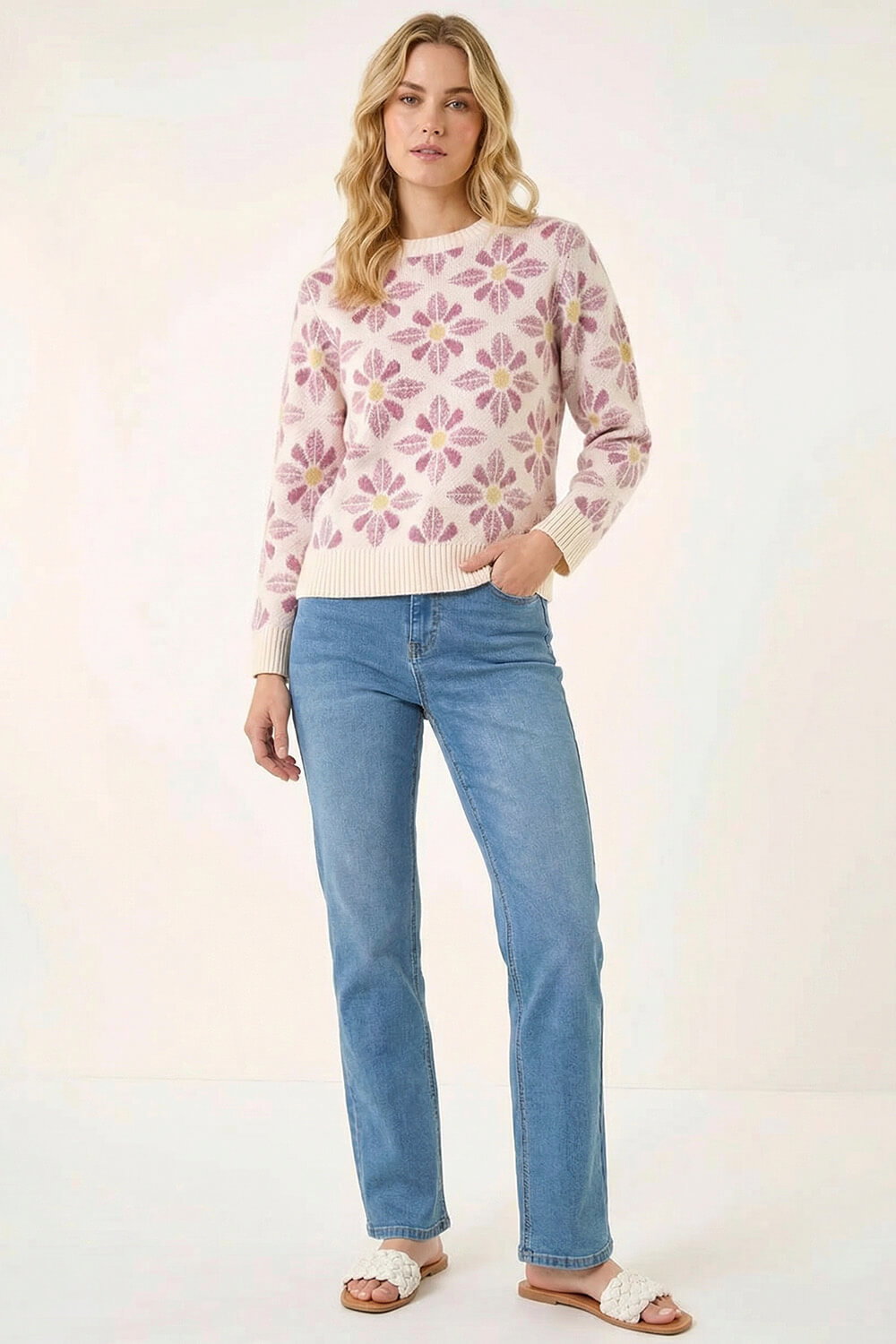 Ivory Floral Crew Neck Knit Jumper, Image 3 of 5