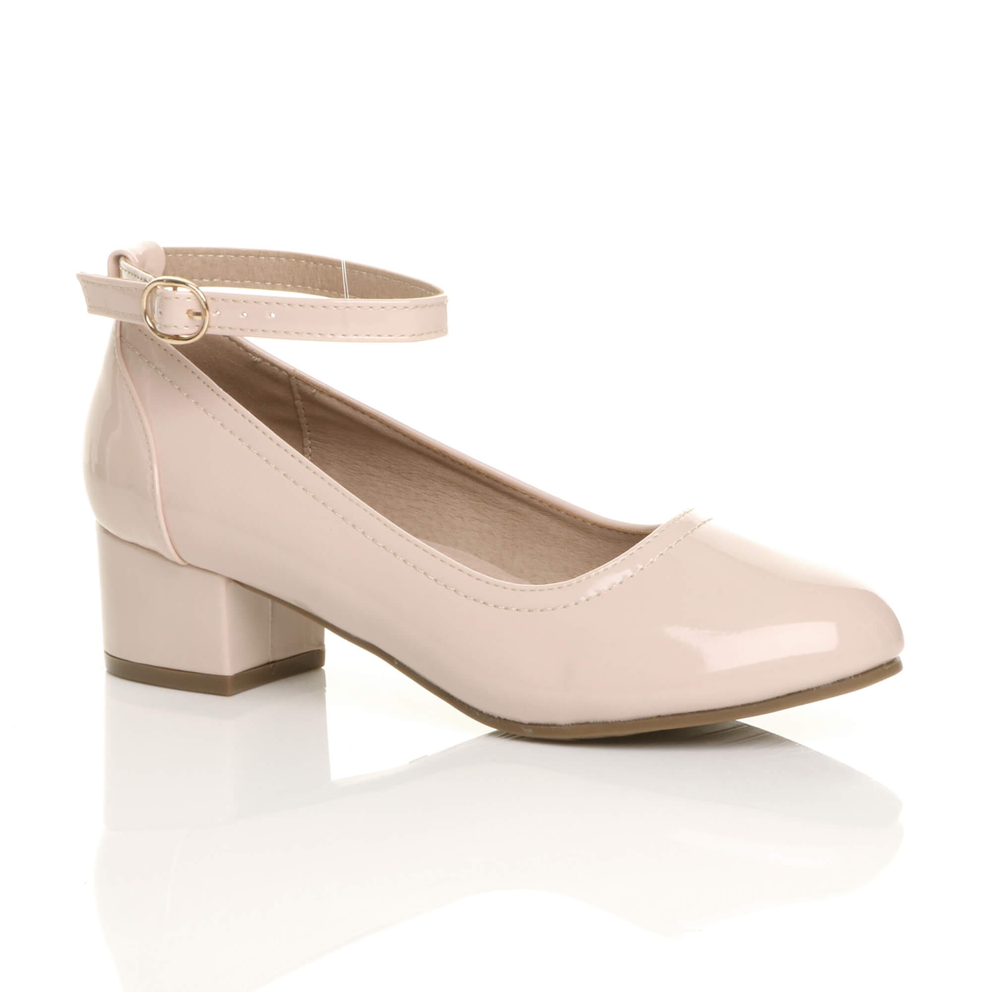 Black Mid Block Heel Comfort Ankle Strap Court Shoes